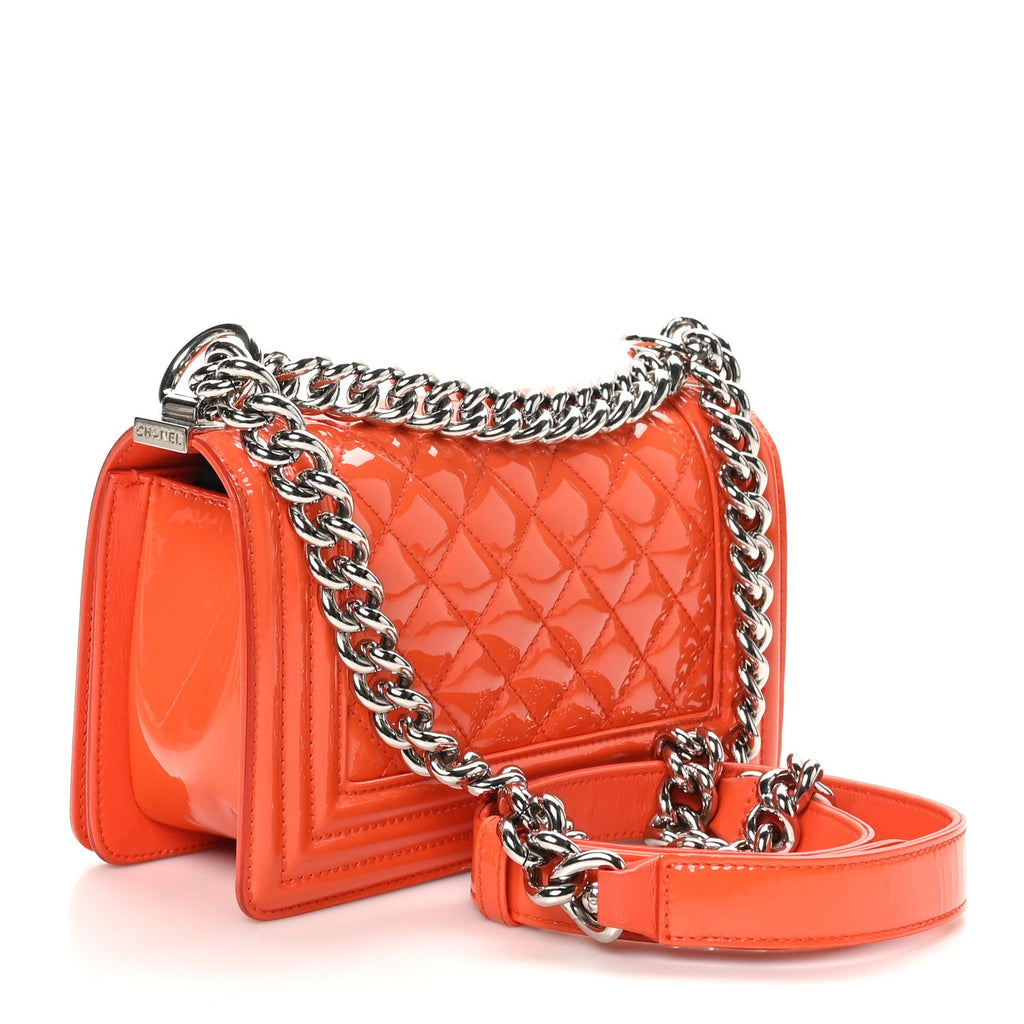 Patent Calfskin Quilted Small Plexiglass Boy Flap Orange