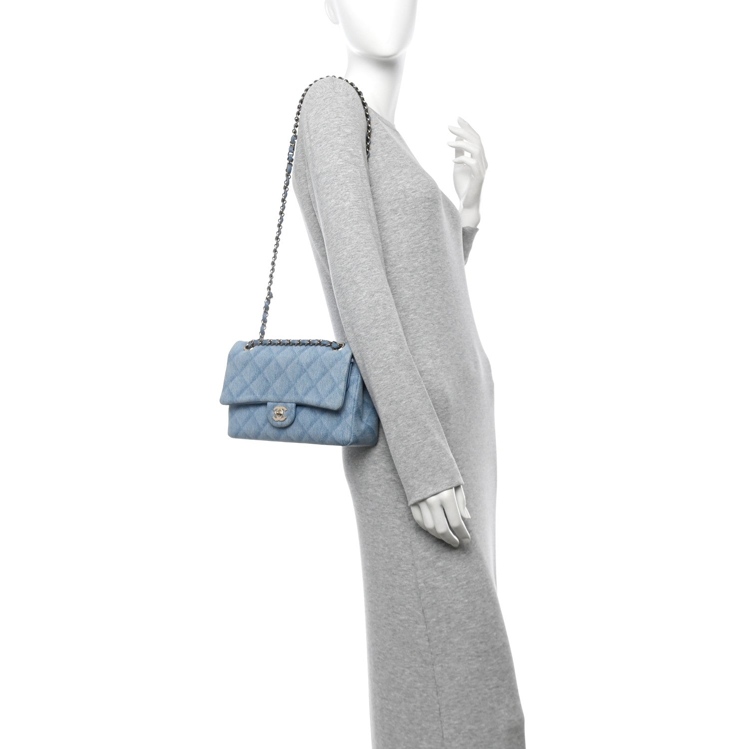 Printed Denim Quilted Medium Double Flap Light Blue