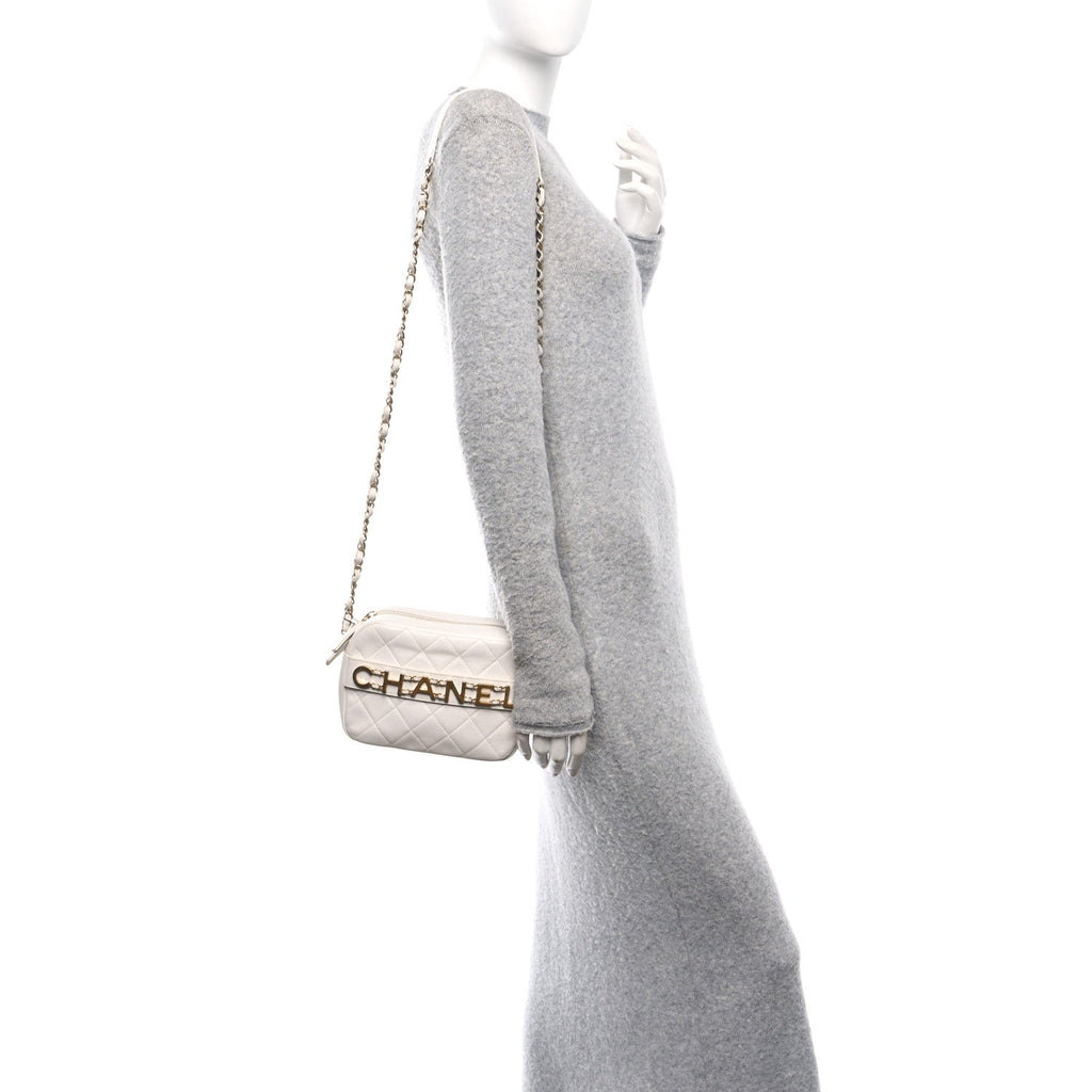 Calfskin Quilted Enchained Camera Case Bag White