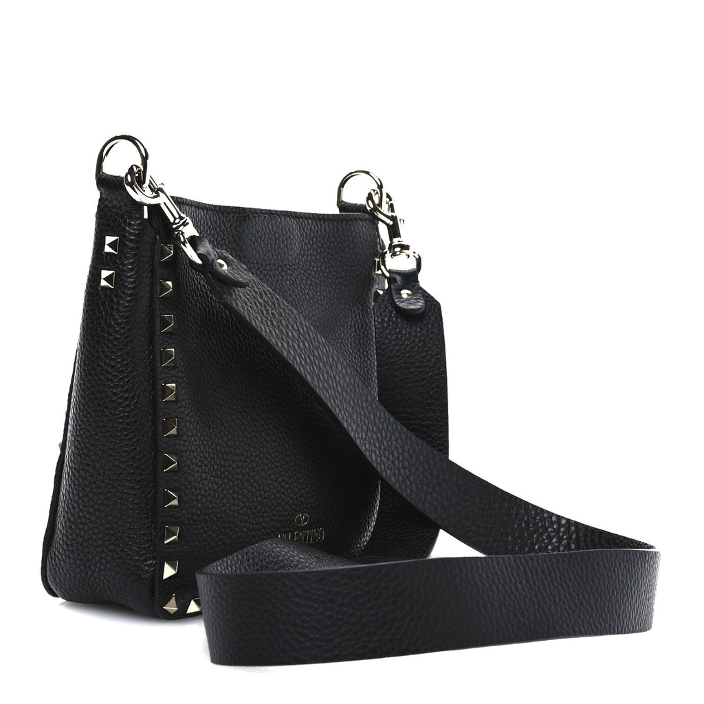 Pebbled Calfskin Mini Rockstud Flip-Lock Messenger Bag Black