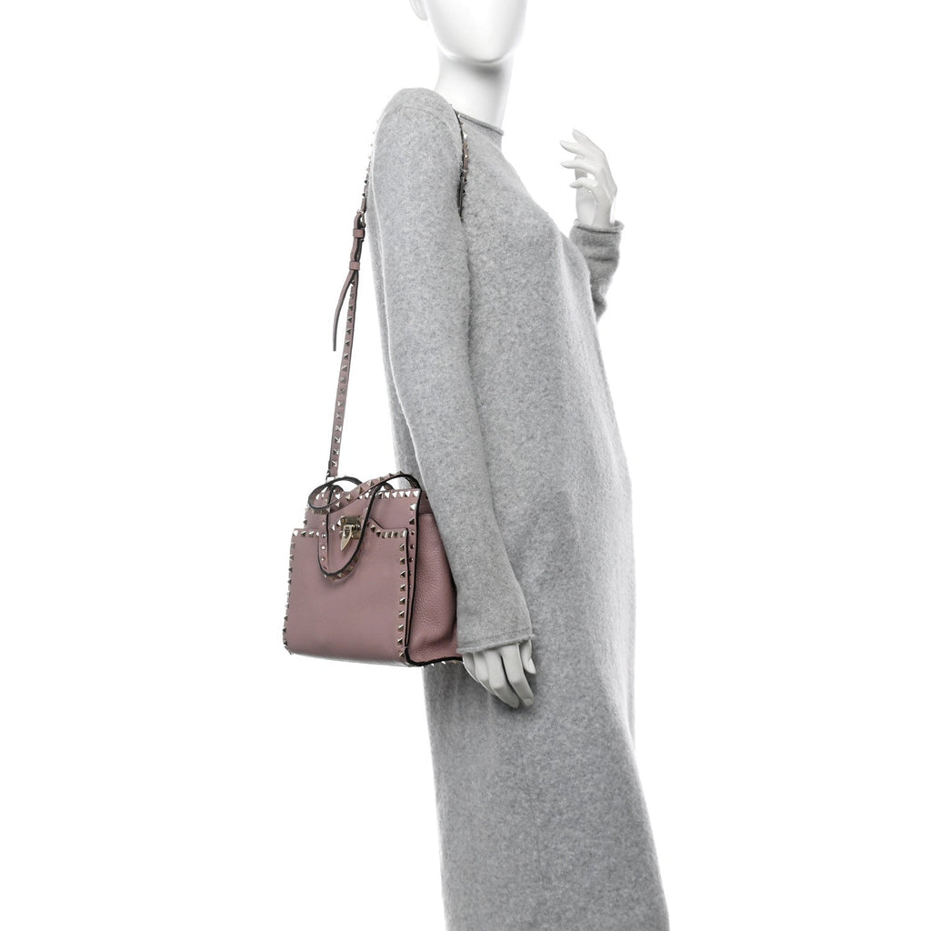 Grained Calfskin Rockstud Flip Lock Tote Lipstick