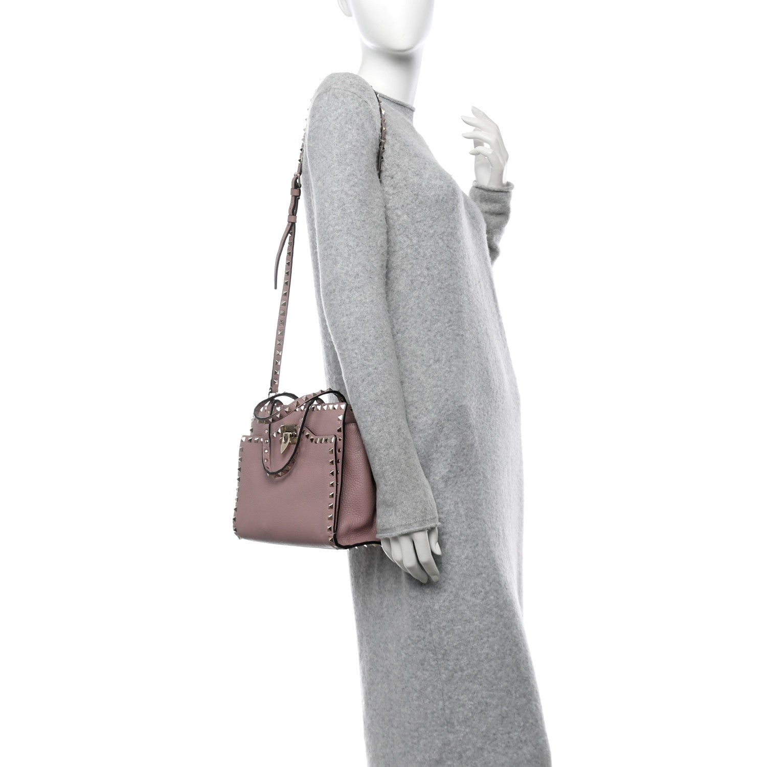 Grained Calfskin Rockstud Flip Lock Tote Lipstick