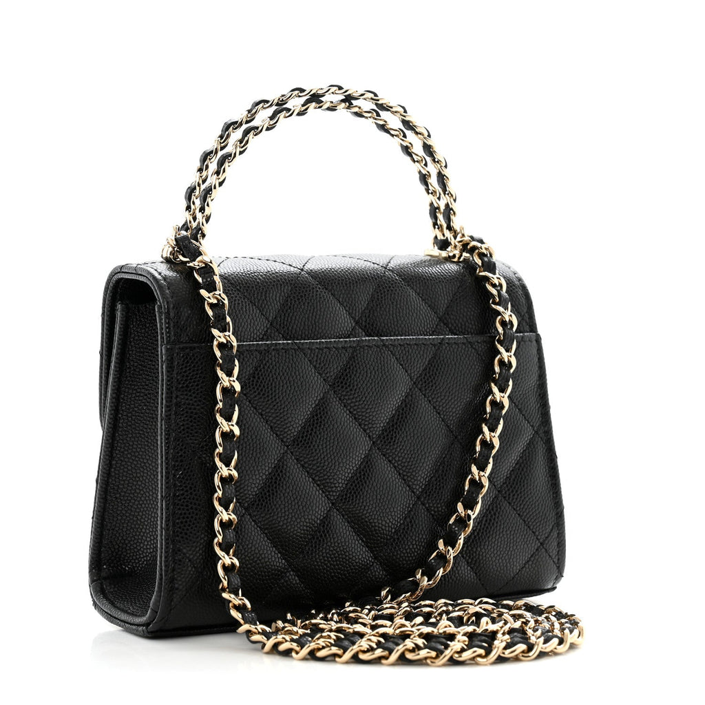 Caviar Quilted Double Chain Top Handle Flap With Chain Black