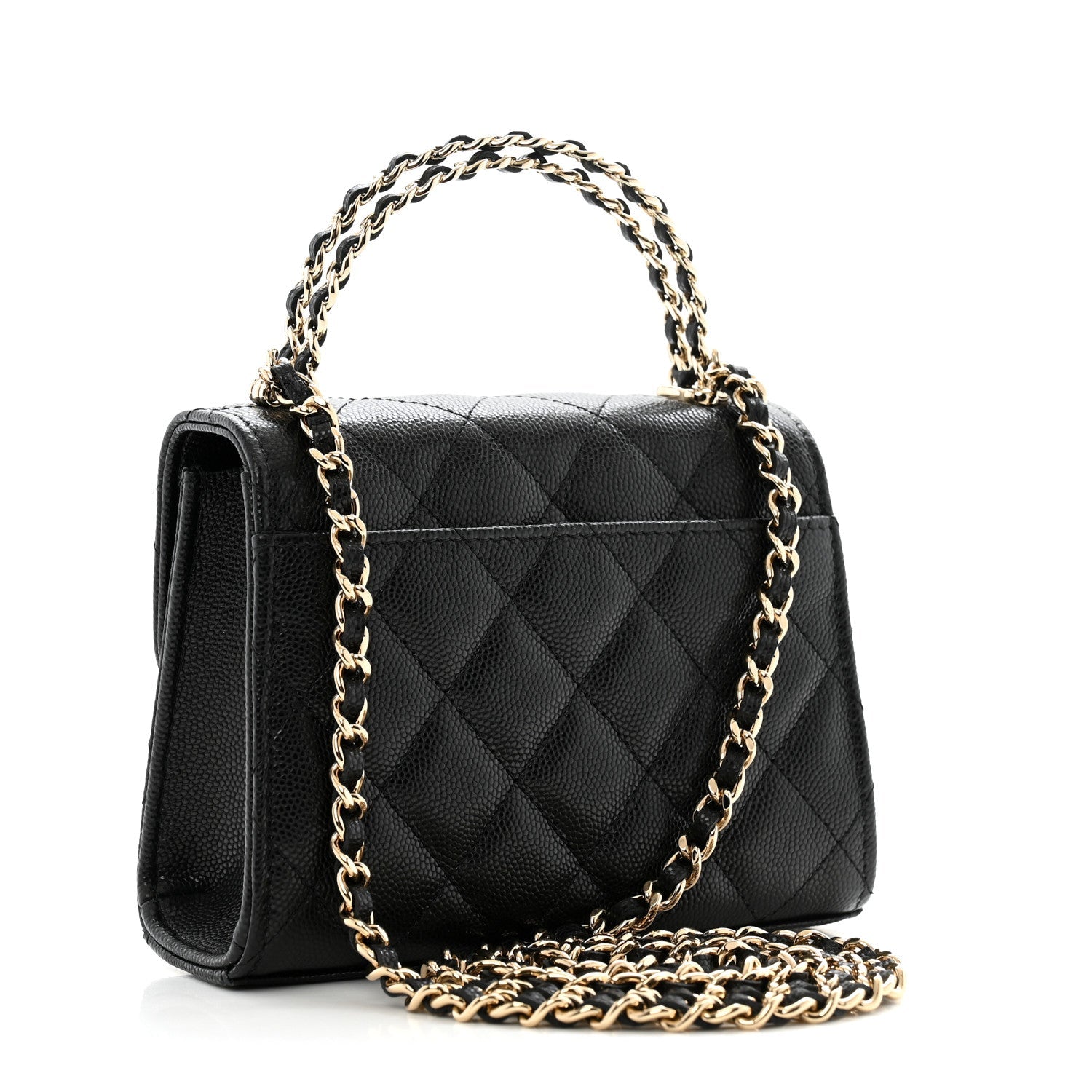 Caviar Quilted Double Chain Top Handle Flap With Chain Black