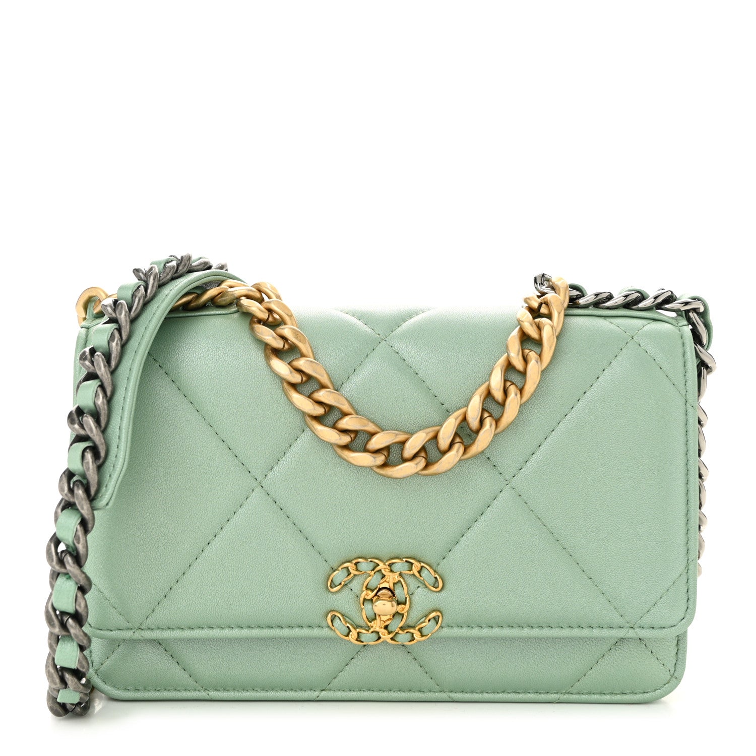 Shiny Lambskin Quilted Chanel 19 Wallet On Chain WOC Light Green