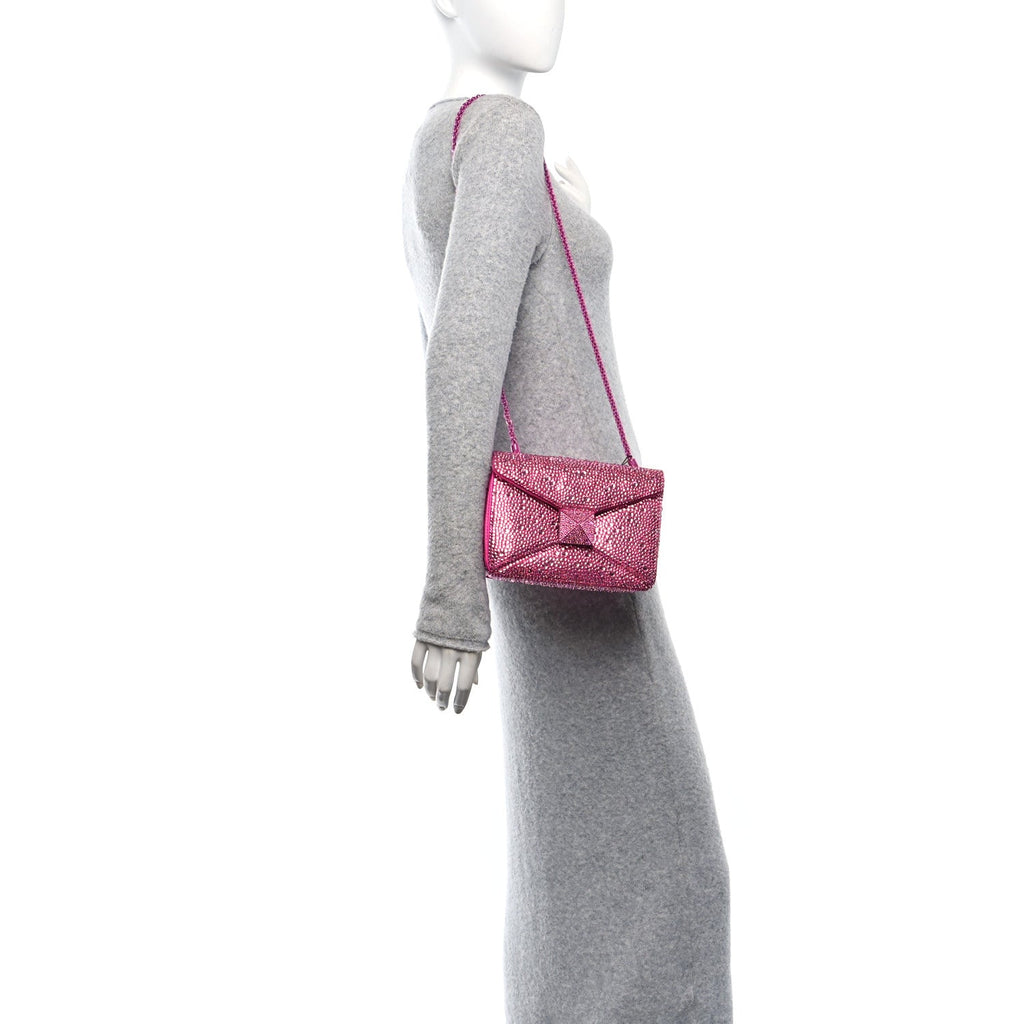 Crystal Suede Embellished Small One Stud Clutch With Chain Pink