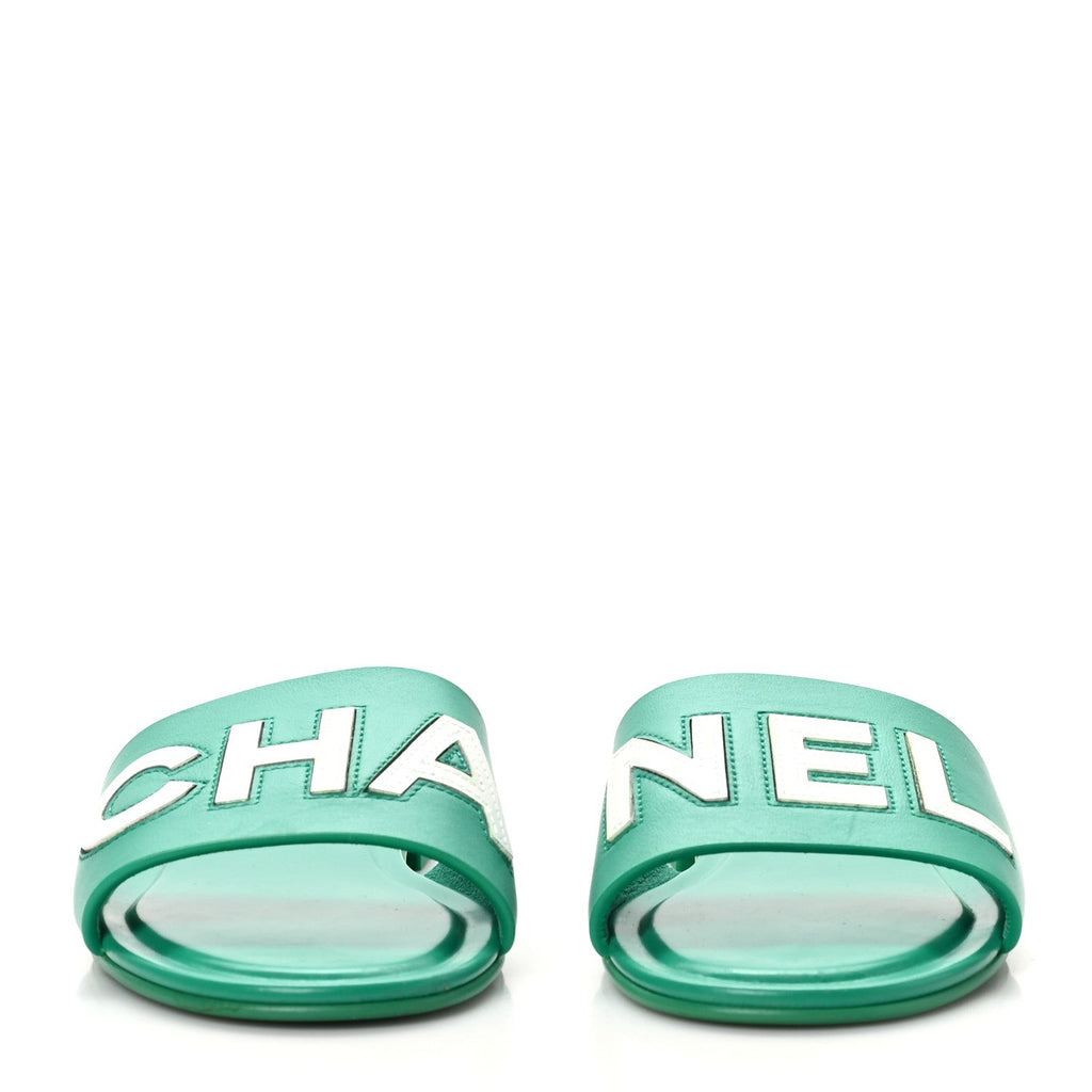 Calfskin Patent Calfskin Logo Mules 38.5 Green White
