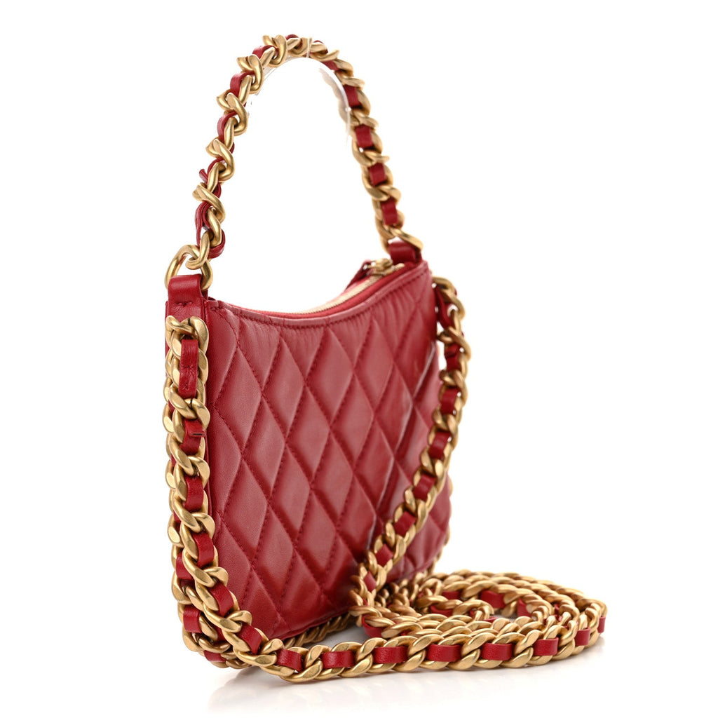 Shiny Crumpled Lambskin Quilted Trendy Chain Around Hobo Red