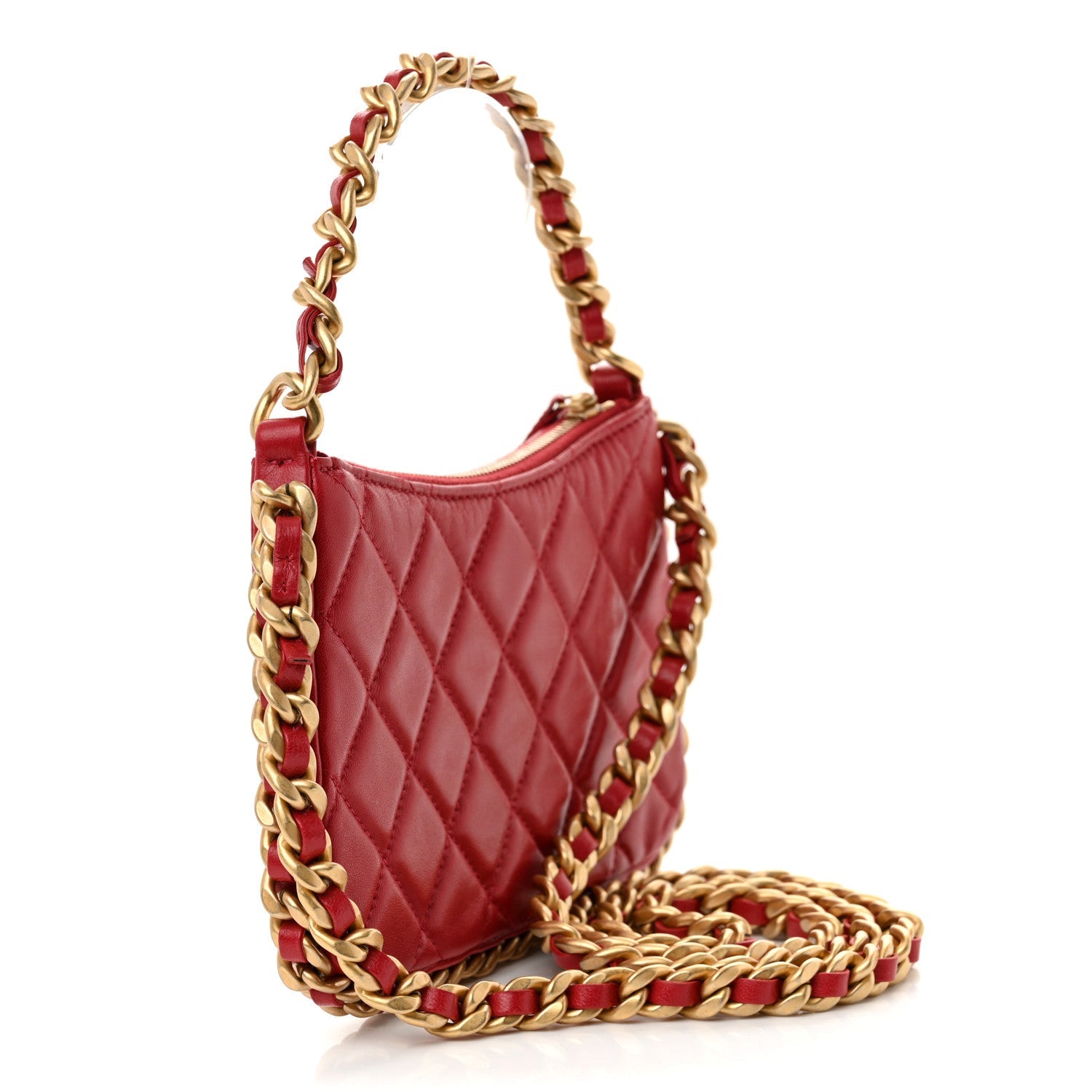 Shiny Crumpled Lambskin Quilted Trendy Chain Around Hobo Red