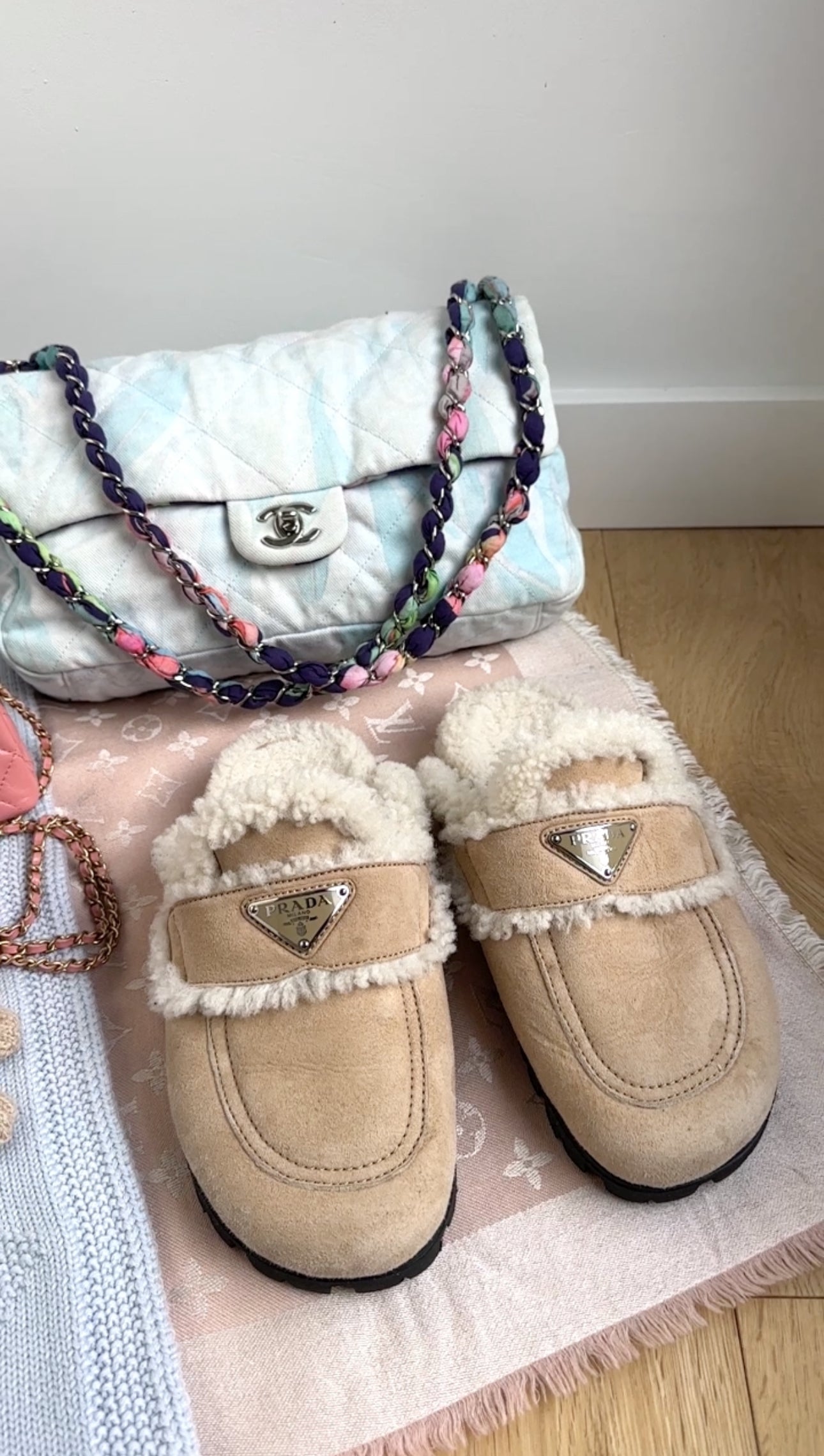 Prada Beige Shearling Slipper Slides - 37