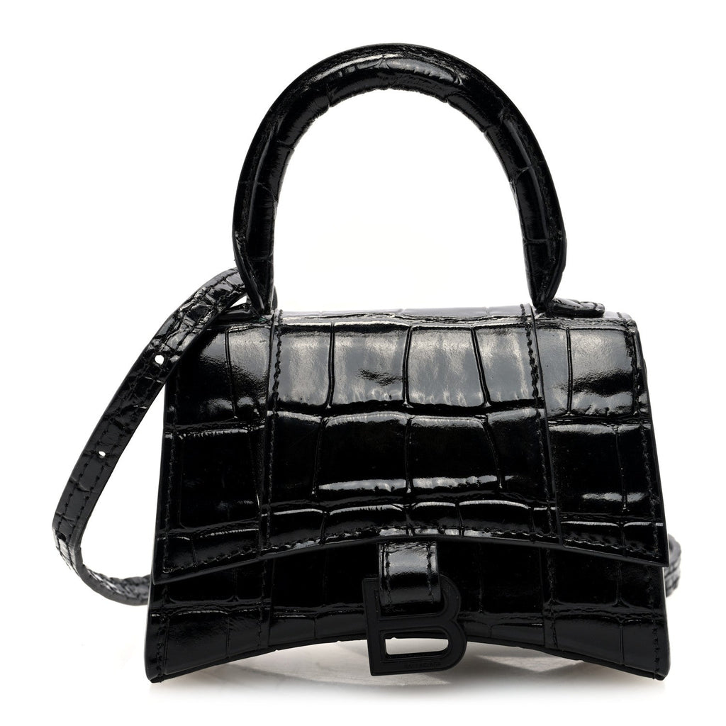 Shiny Calfskin Crocodile Embossed Hourglass Top Handle Bag XS Black