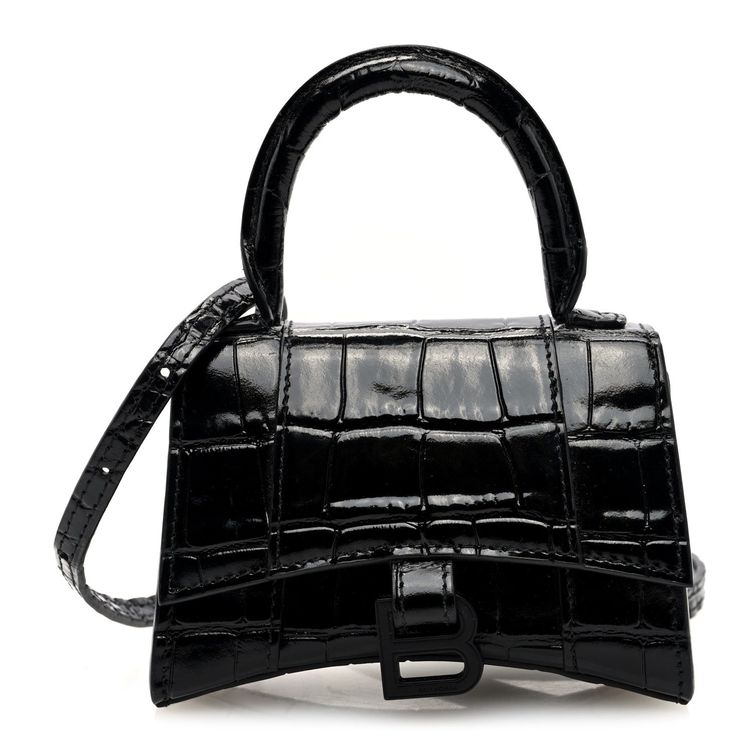 Shiny Calfskin Crocodile Embossed Hourglass Top Handle Bag XS Black