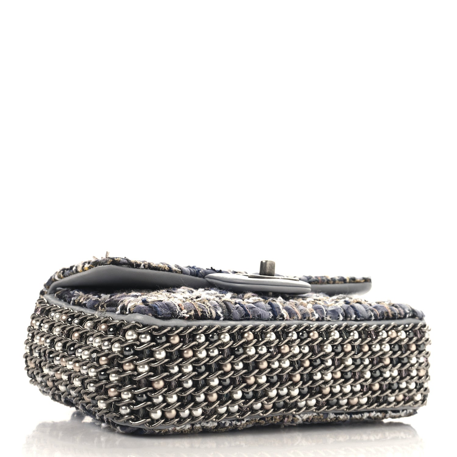 Tweed Quilted Mini Side Pearl Flap Bag Grey