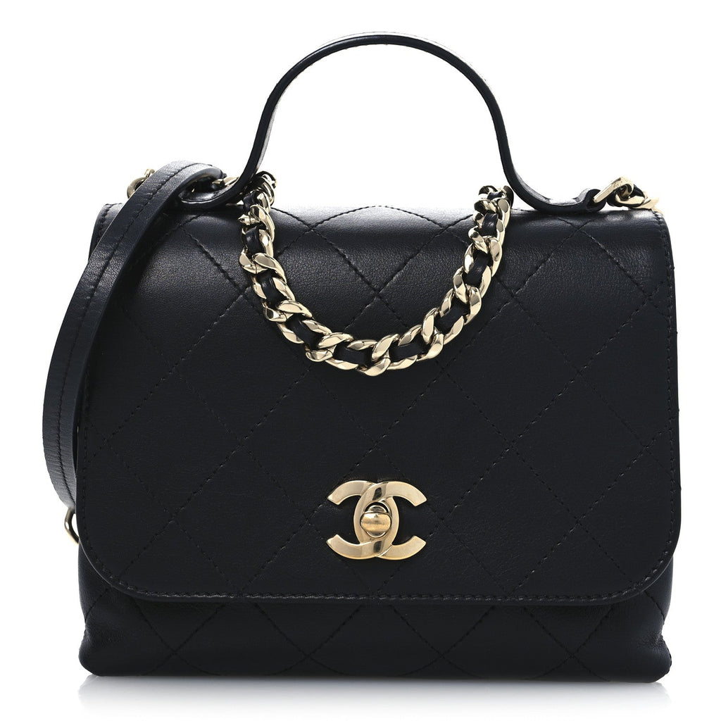 Calfskin Quilted Small Double Pocket Top Handle Flap Black