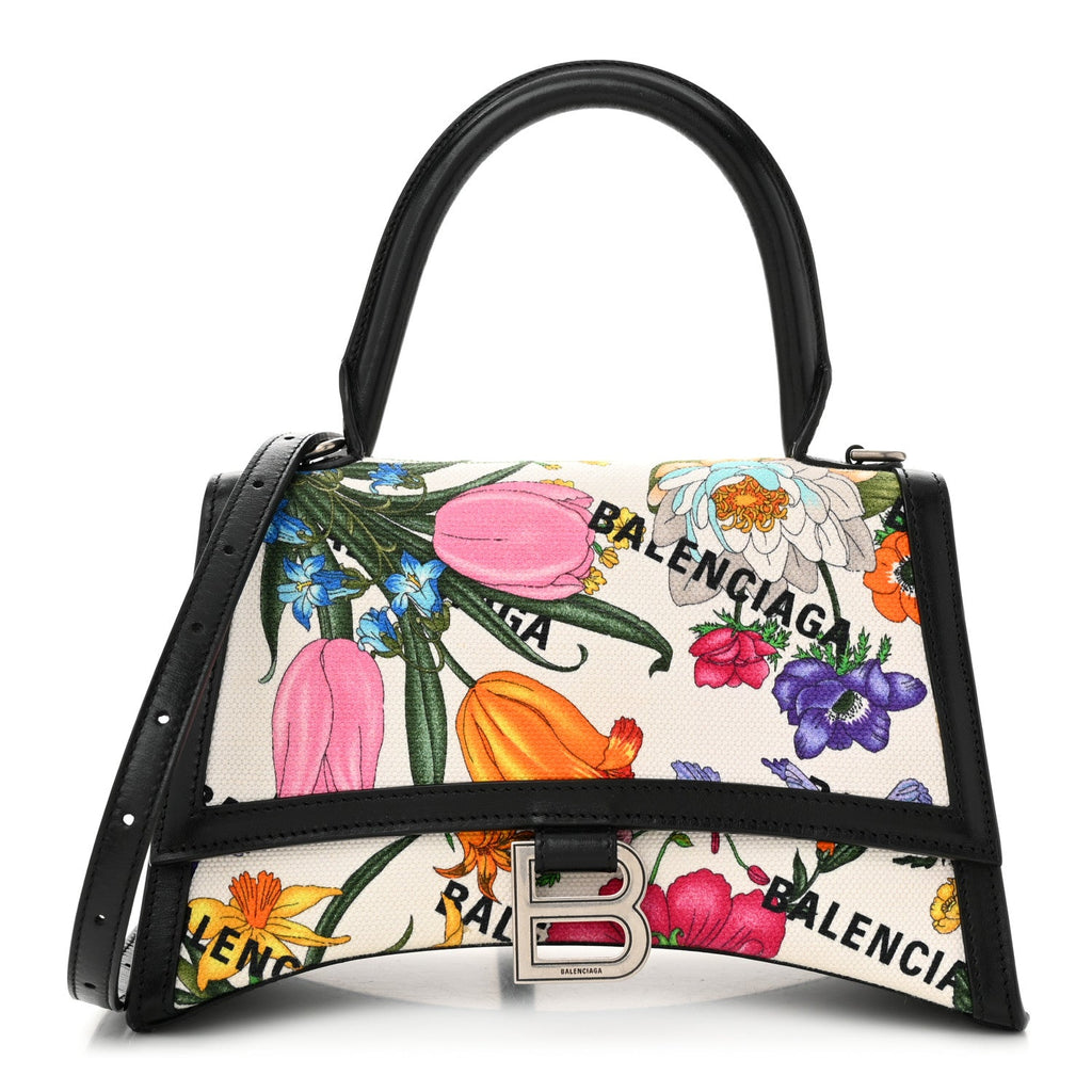 X GUCCI Canvas Boarded Plutone Calfskin Flora Logo Print Small Hourglass Top Handle Bag White Multicolor Black