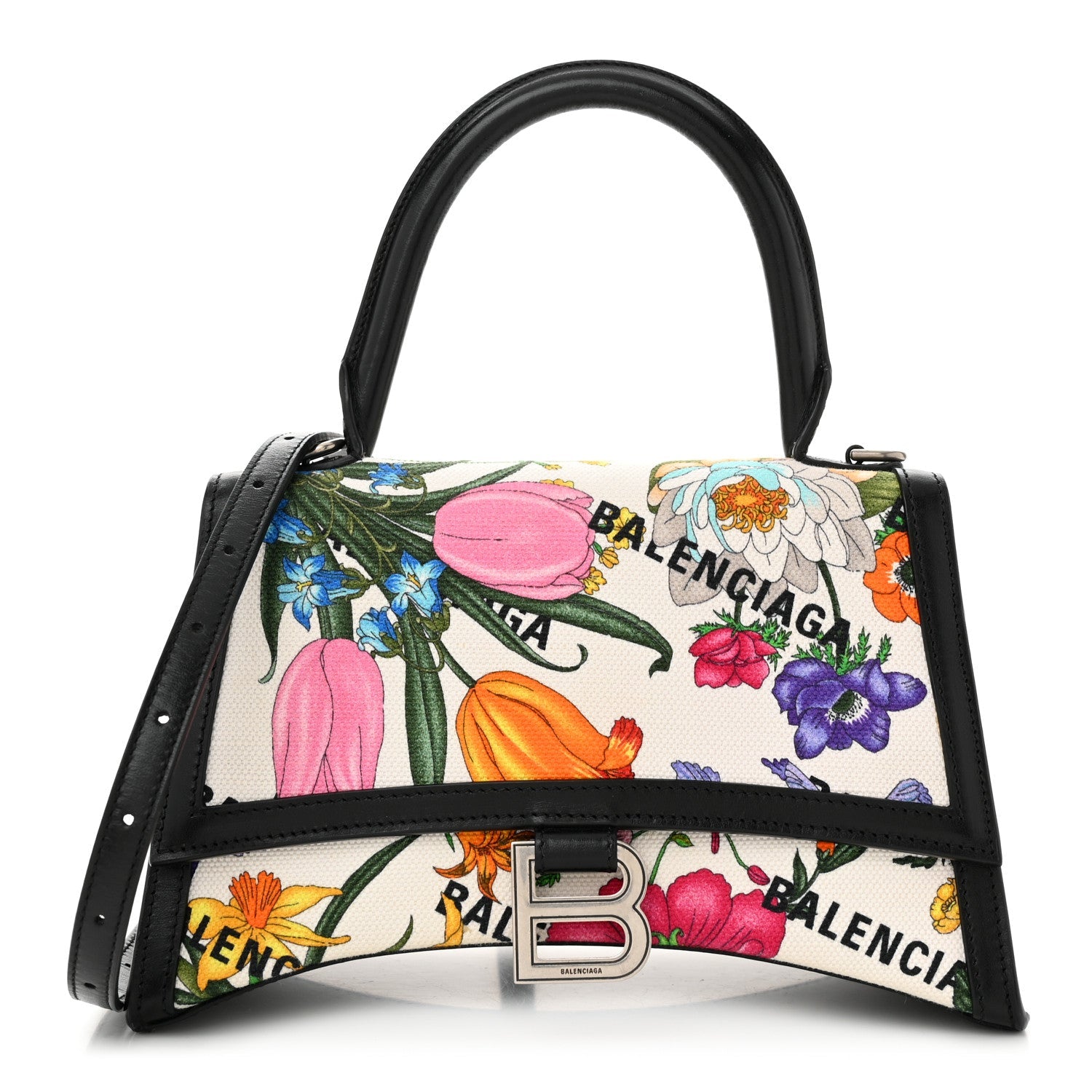 X GUCCI Canvas Boarded Plutone Calfskin Flora Logo Print Small Hourglass Top Handle Bag White Multicolor Black