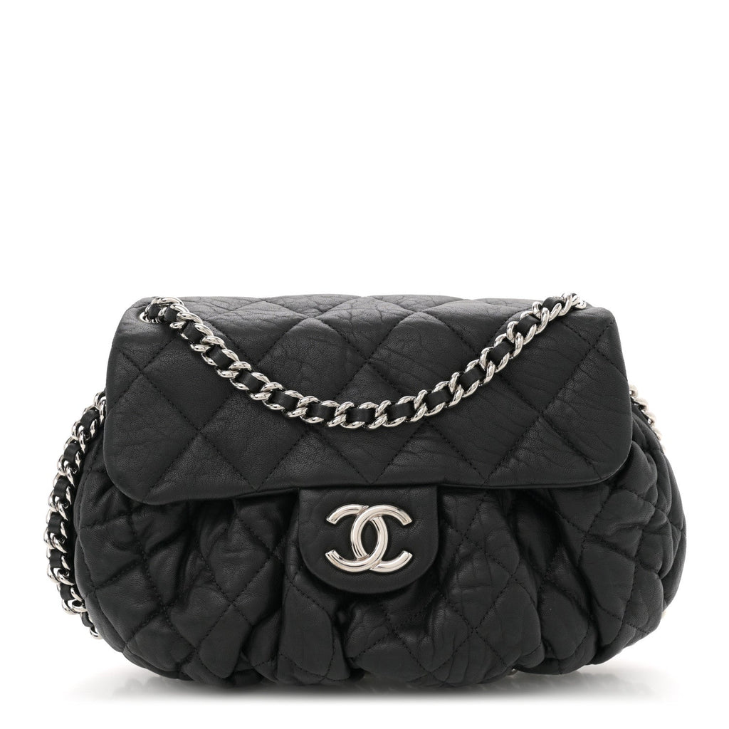 Washed Lambskin Quilted Medium Chain Around Messenger Black