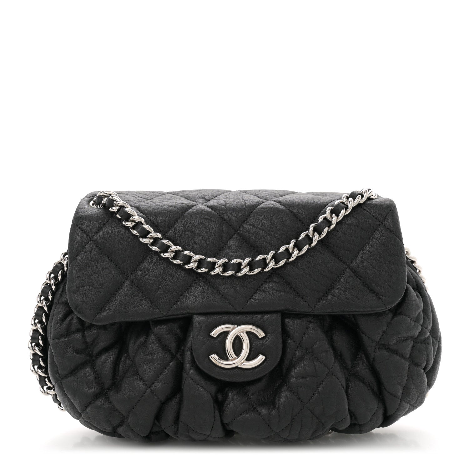 Washed Lambskin Quilted Medium Chain Around Messenger Black