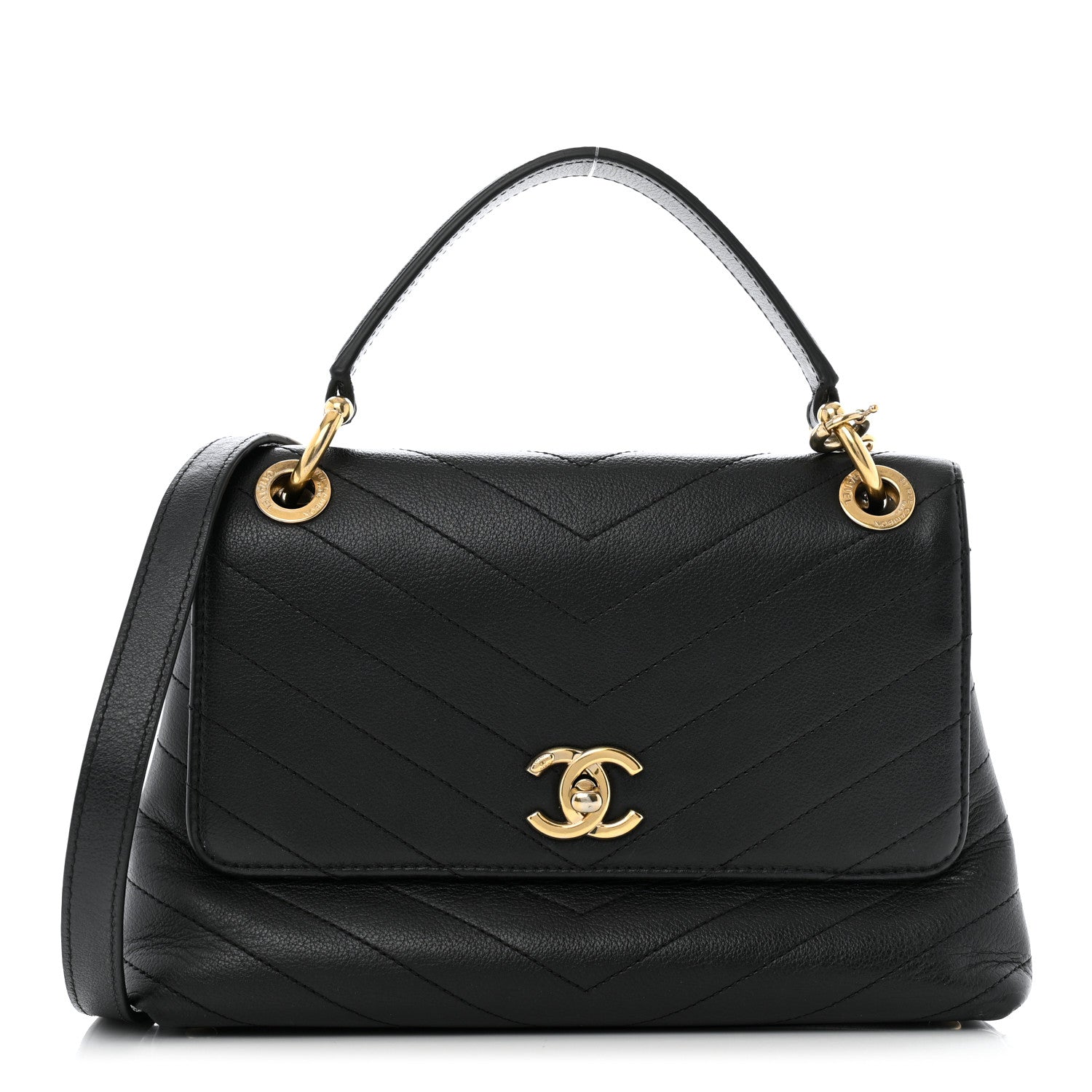 Grained Calfskin Small Chevron Chic Top Handle Flap Black
