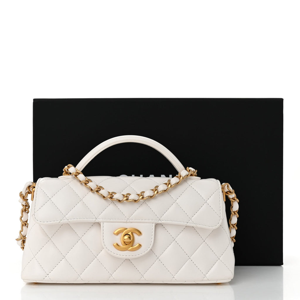 Lambskin Quilted Mini Flap Top Handle Bag White