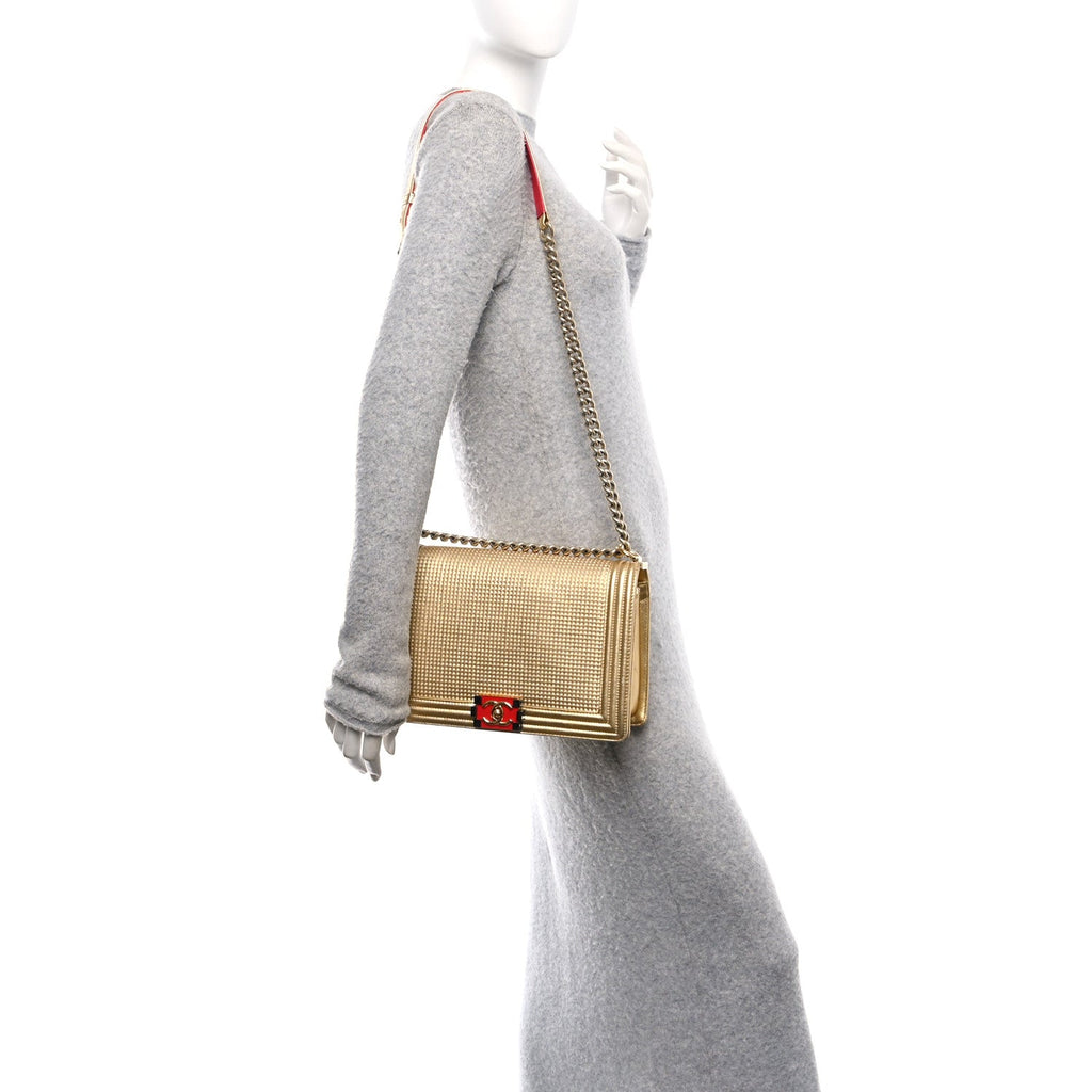 Metallic Lambskin Embossed New Medium Cube Boy Flap Gold