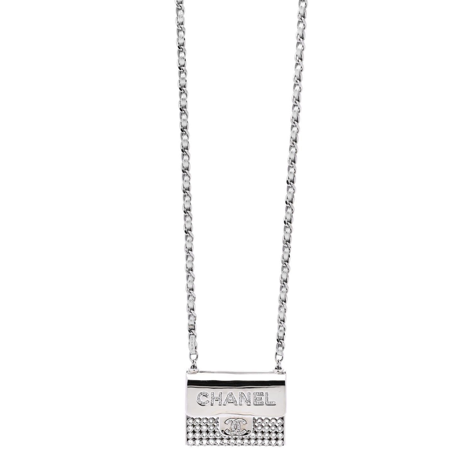 Metal Lambskin Strass Crystal Purse CC Long Necklace Silver