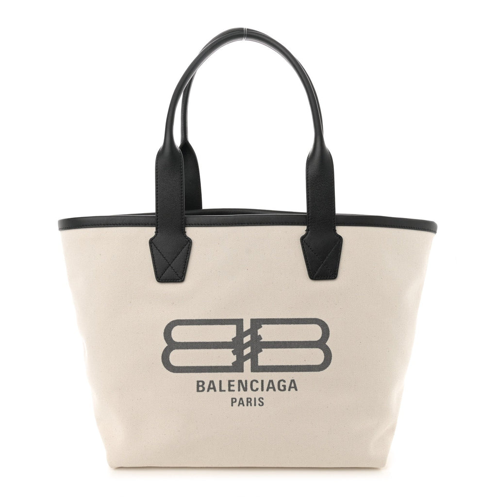 Cotton Canvas Calfskin BB Logo Jumbo Small Tote Bag Black White