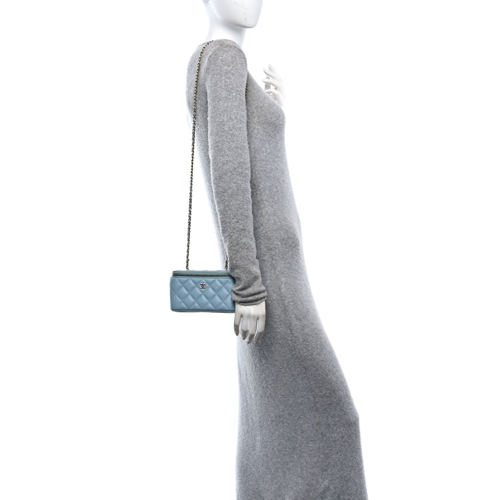 Caviar Quilted Small Tiny CC Vanity Case With Chain Light Blue