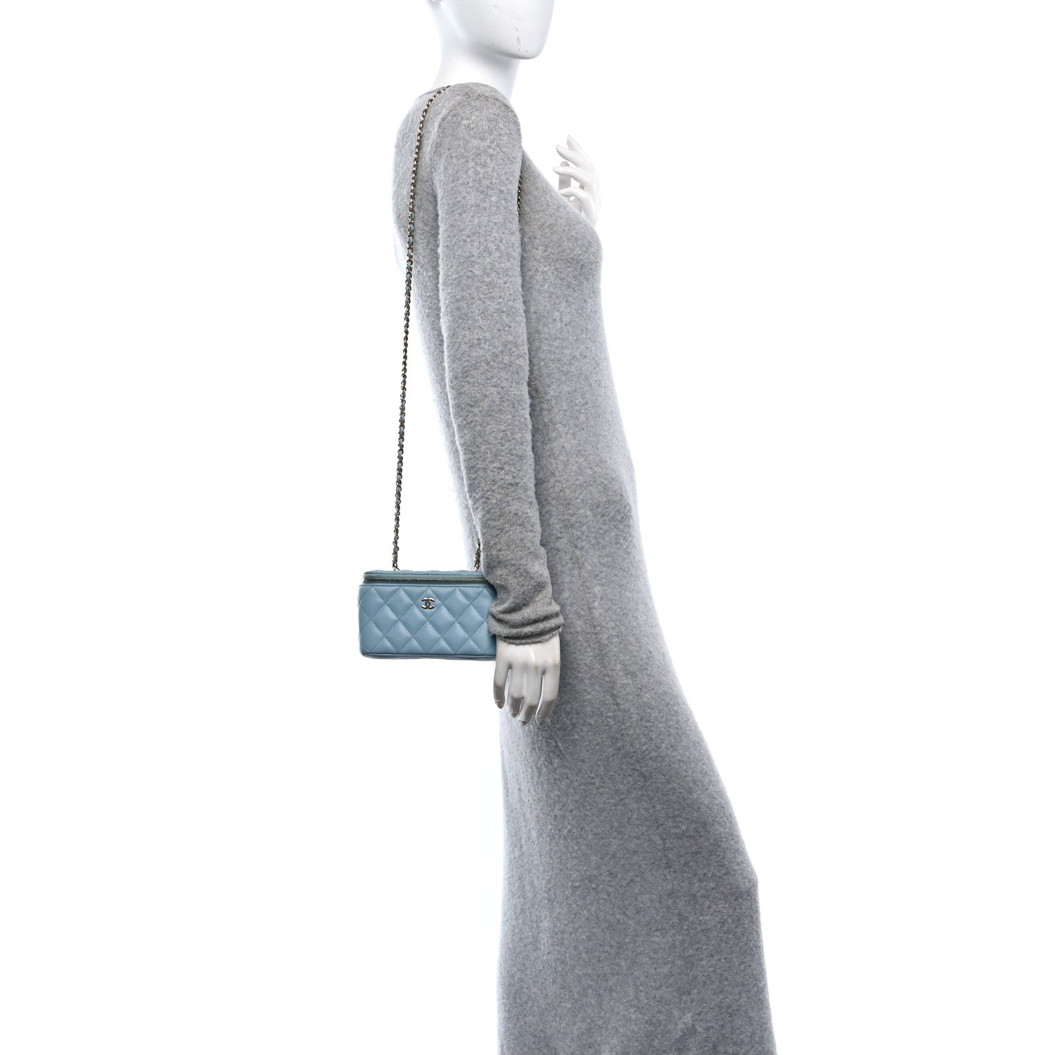 Caviar Quilted Small Tiny CC Vanity Case With Chain Light Blue