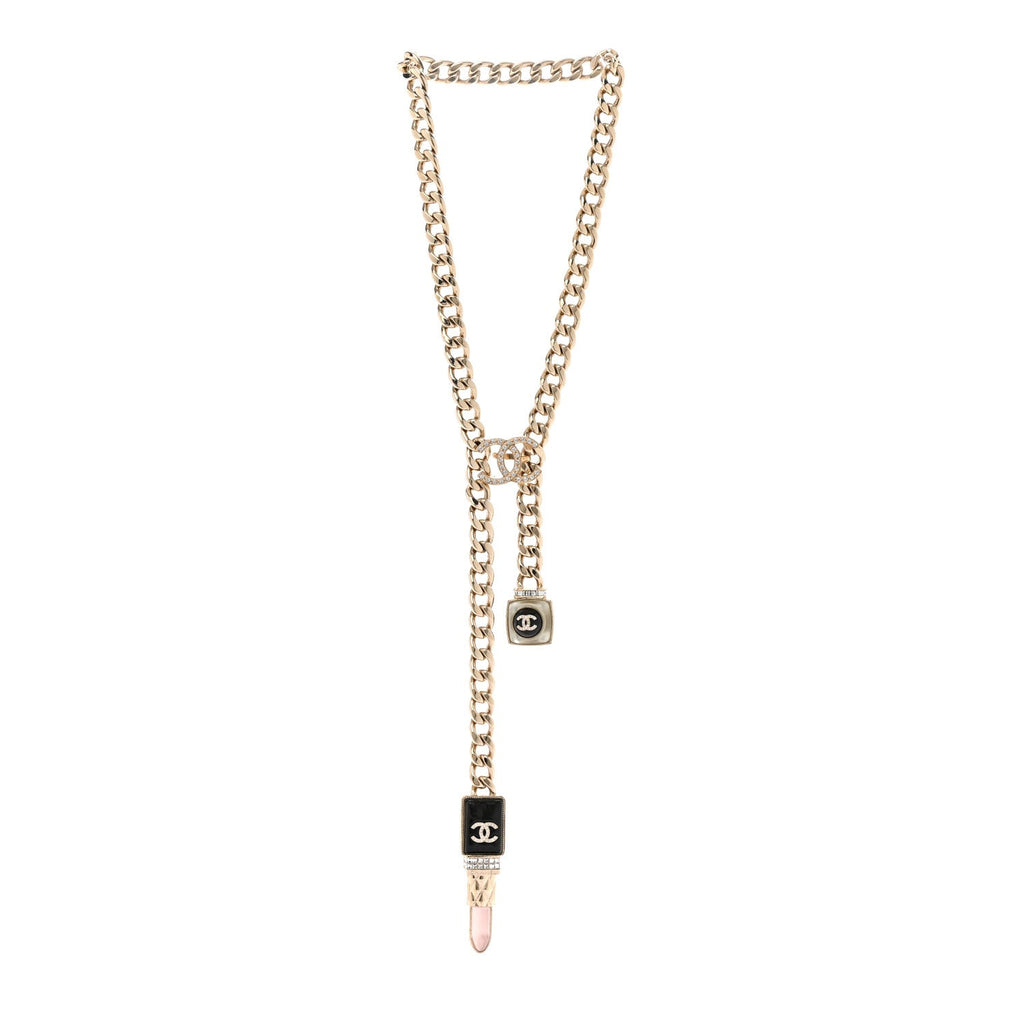 Metal Strass Pearl Lipstick Necklace Pink Gold