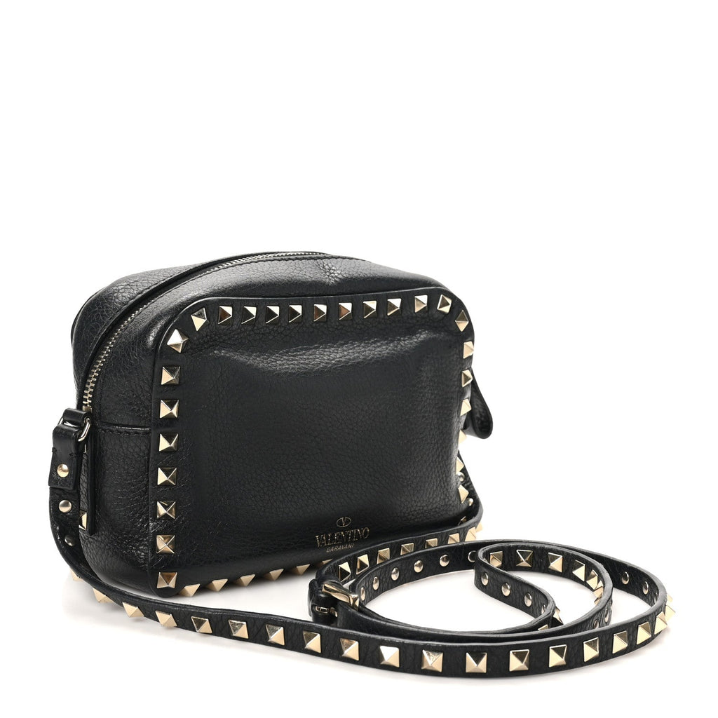 Pebbled Calfskin Rockstud Camera Crossbody Bag Black