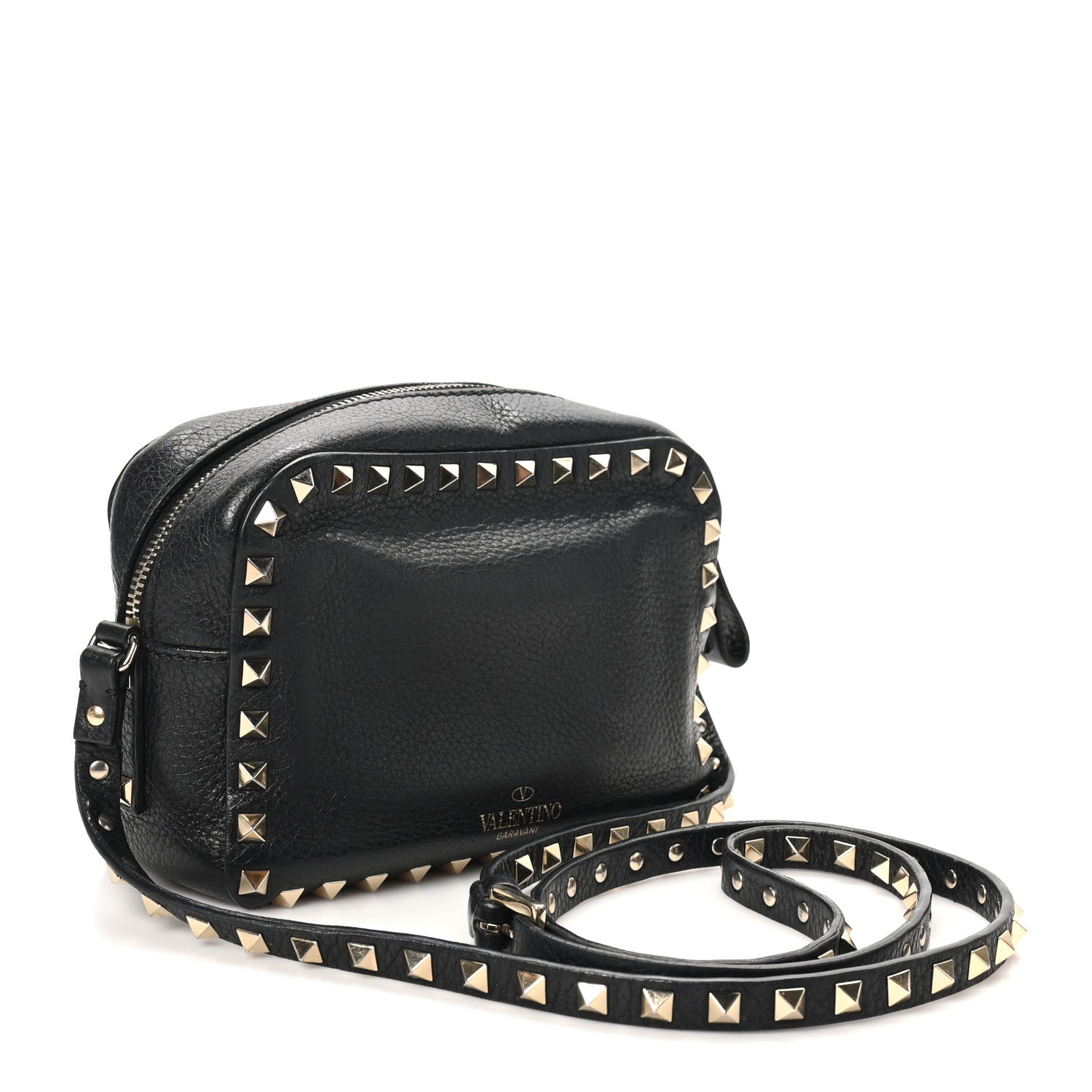 Pebbled Calfskin Rockstud Camera Crossbody Bag Black