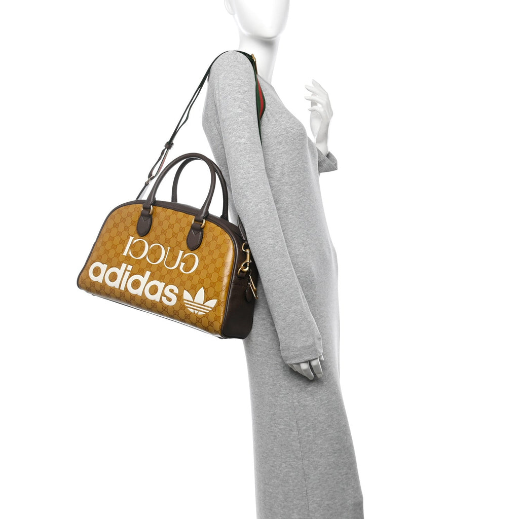X ADIDAS Crystal Vintage Monogram Textured Dollar Calfskin Web Trefoil Logo Medium Messenger Bag Mid Natural Nut Off White New Acero