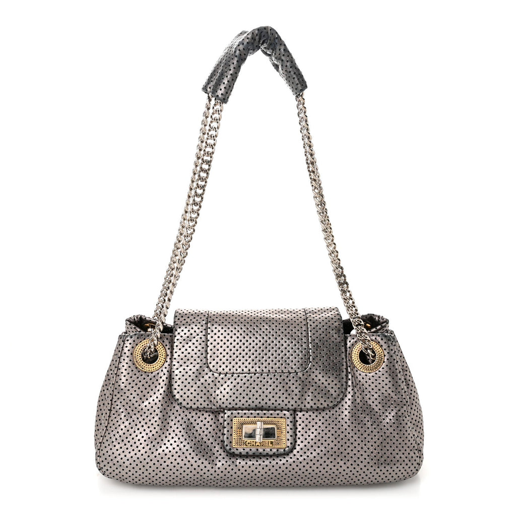 Metallic Crackled Calfskin Perforated Drill Shoulder Bag Silver