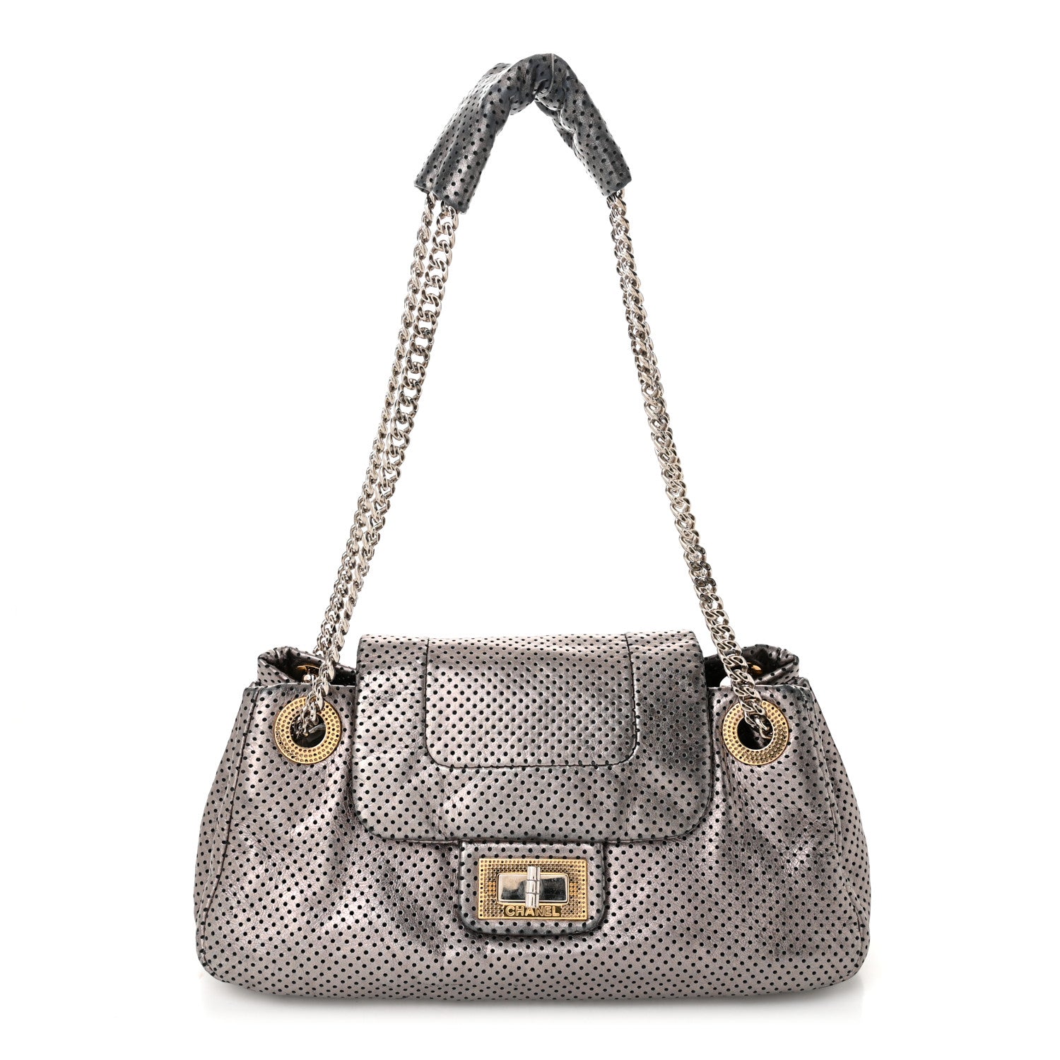 Metallic Crackled Calfskin Perforated Drill Shoulder Bag Silver