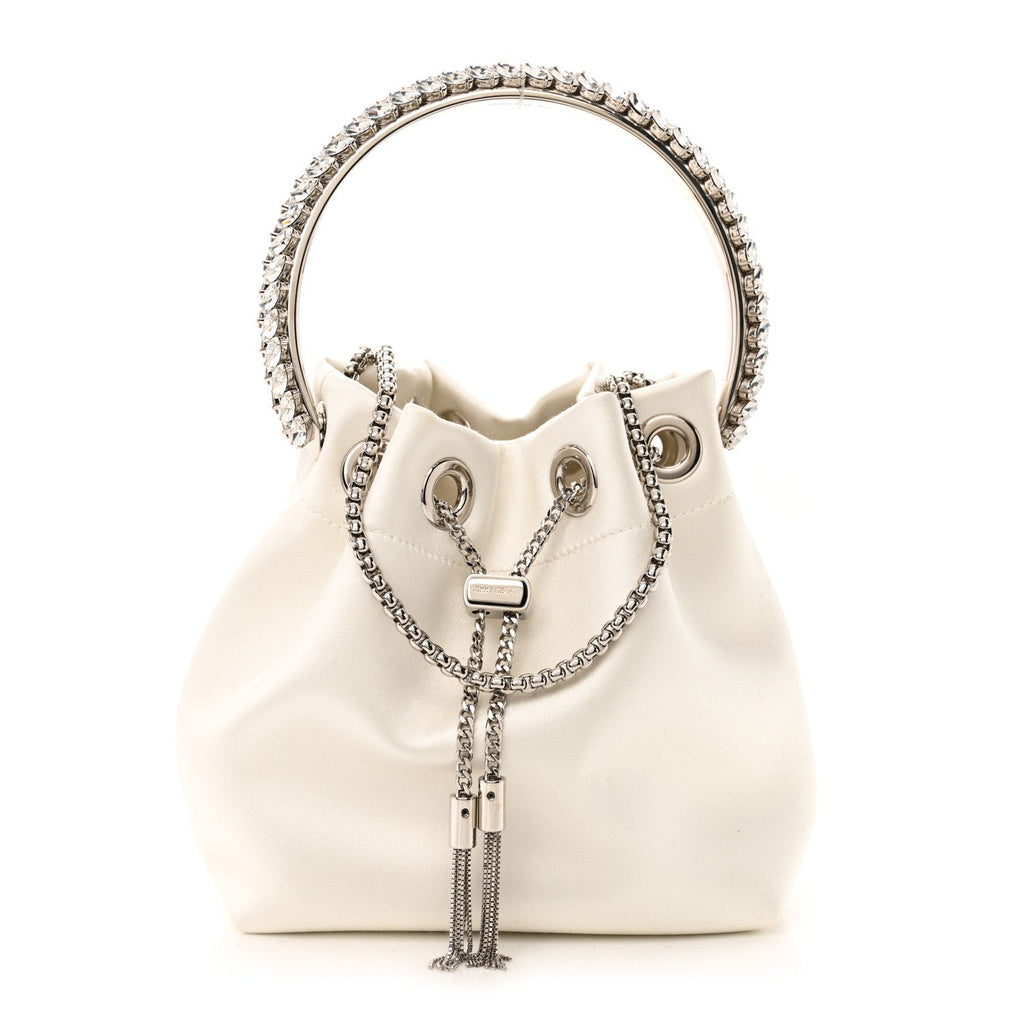 Satin Crystal Embellished Top Handle Bon Bon Bag Ivory