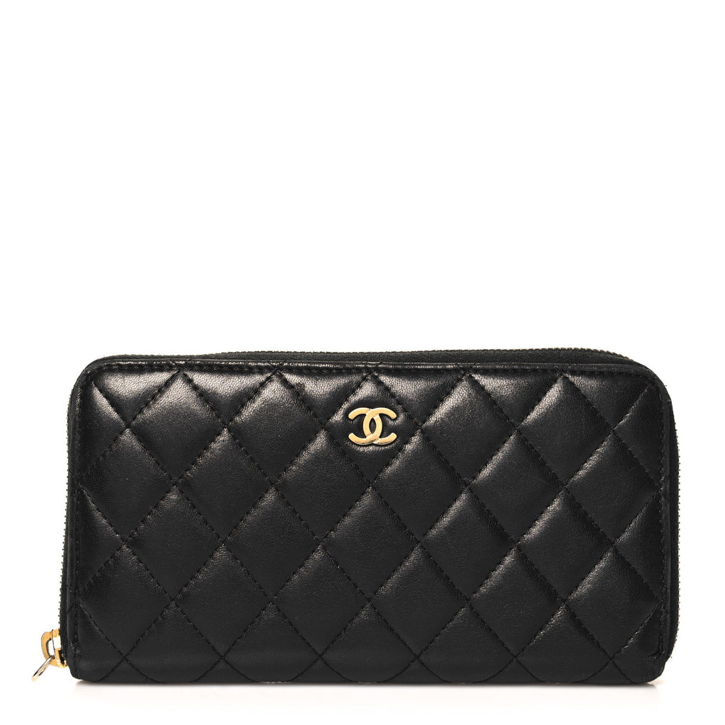 Lambskin Quilted Large Gusset Zip Around Wallet Black