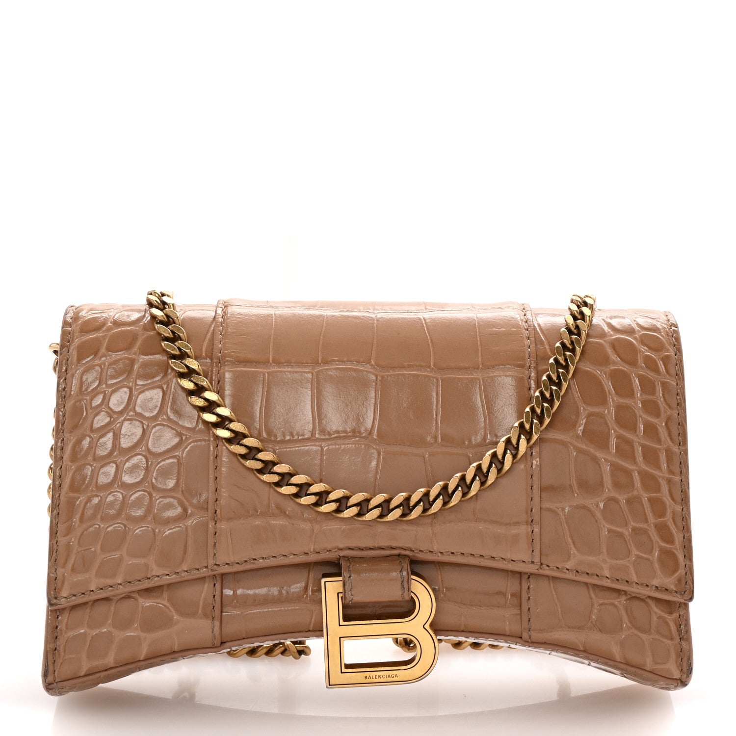 Shiny Calfskin Crocodile Embossed Hourglass Wallet on Chain Nude Beige