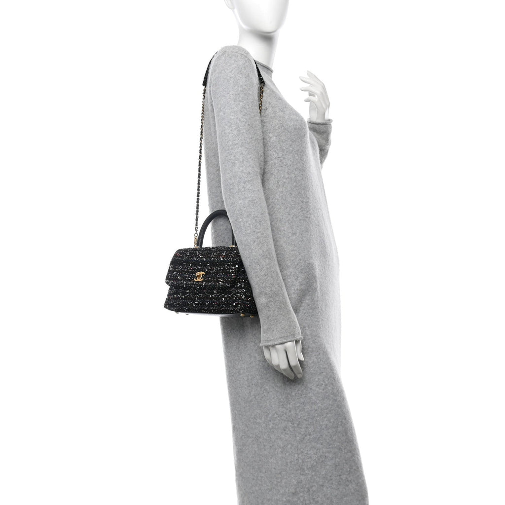 Tweed Sequin Mini Coco Handle Flap Black