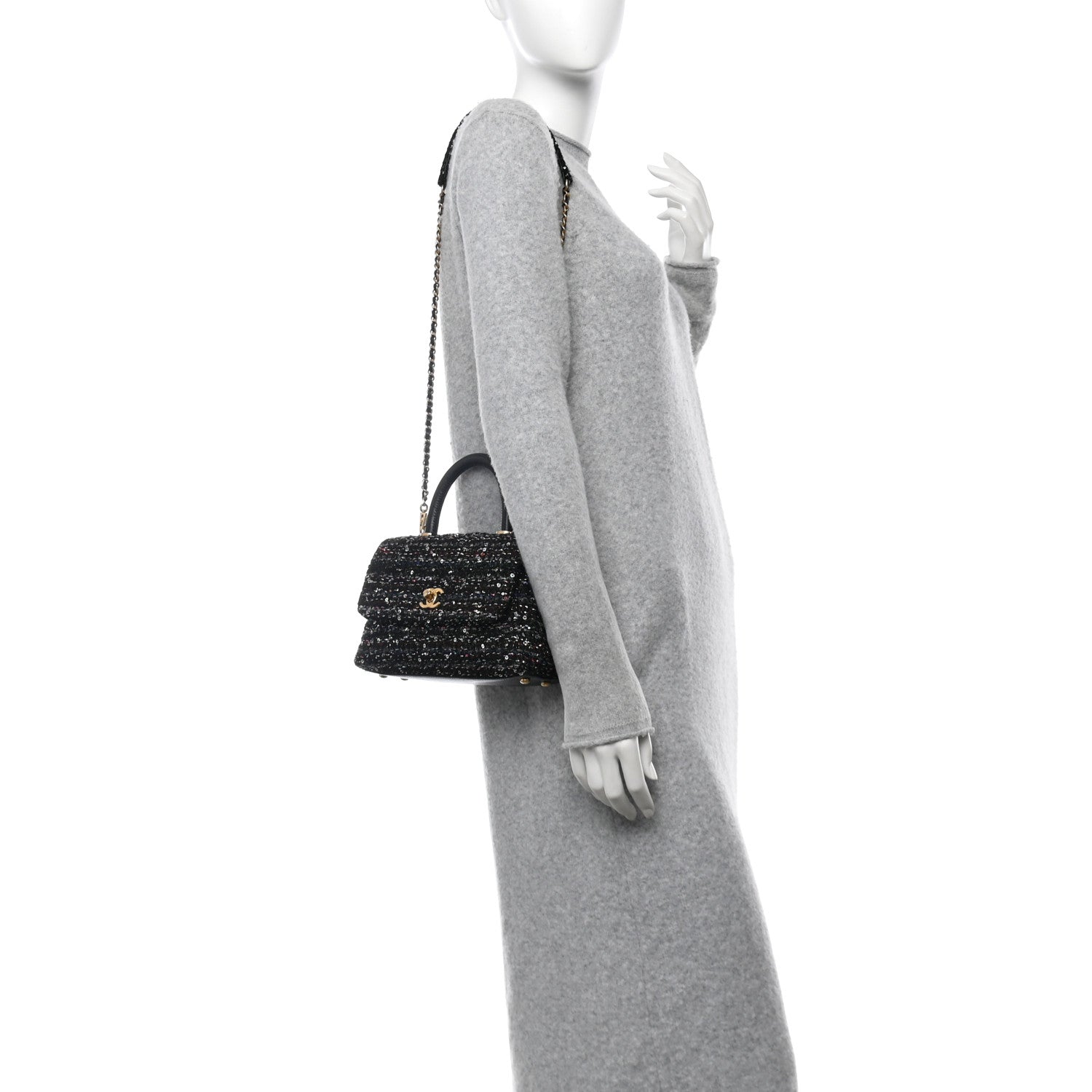 Tweed Sequin Mini Coco Handle Flap Black