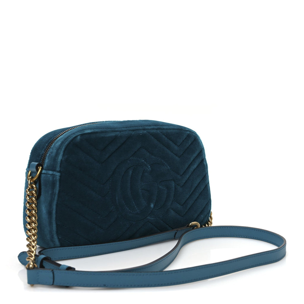 Velvet Matelasse Small GG Marmont Chain Shoulder Bag Pavone Cyan