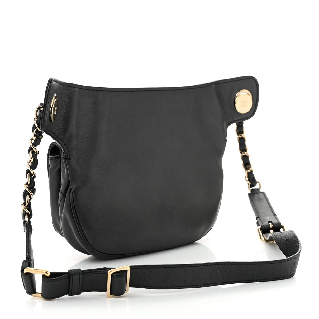 Calfskin Flap Chain Waist Bag Black