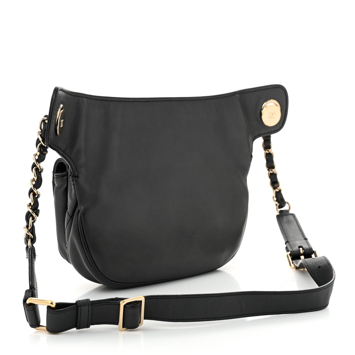 Calfskin Flap Chain Waist Bag Black
