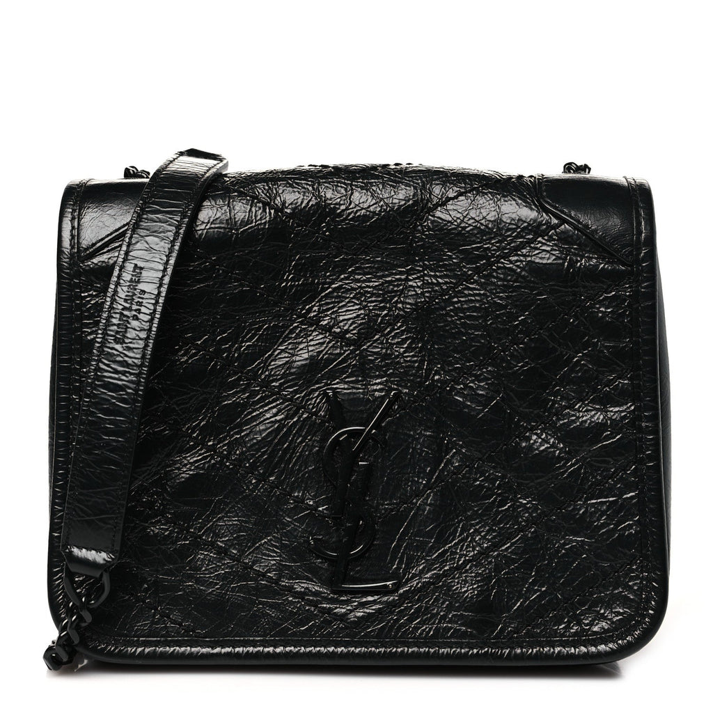 Crinkled Calfskin Matelasse Monogram Niki Chain Satchel Black