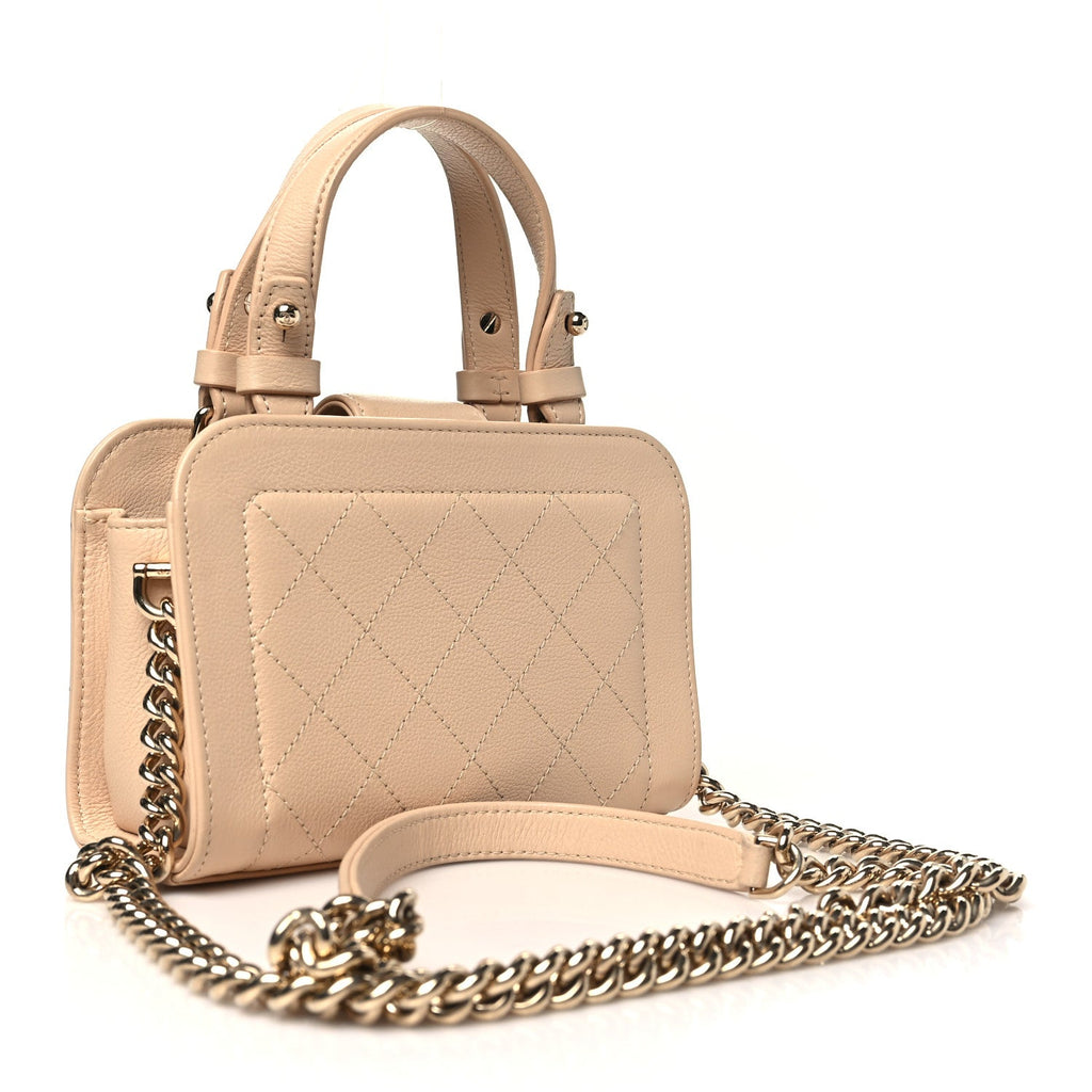 Grained Calfskin Stitched Mini Label  Shopper Tote Beige