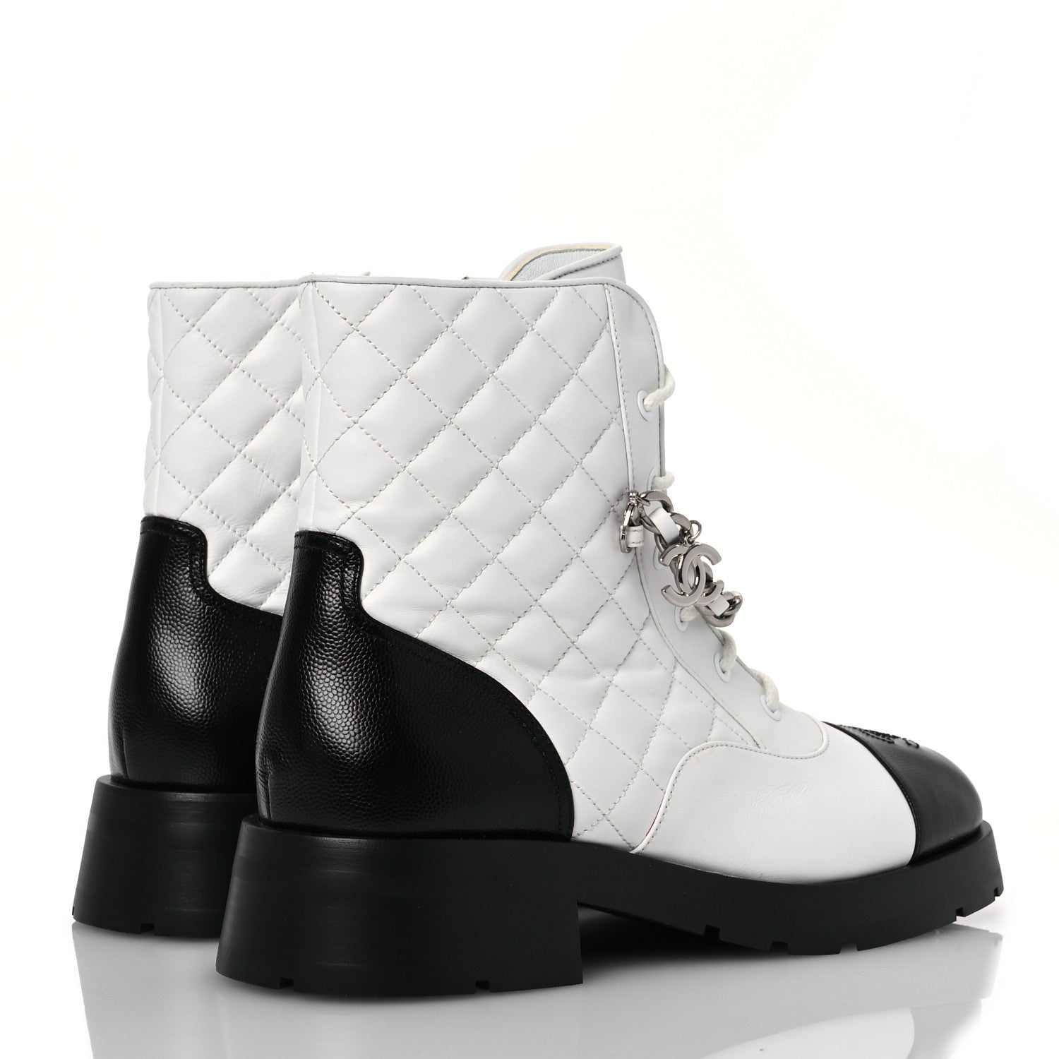 Caviar Calfskin Quilted Chain Lace Up Combat Boots 41 White Black