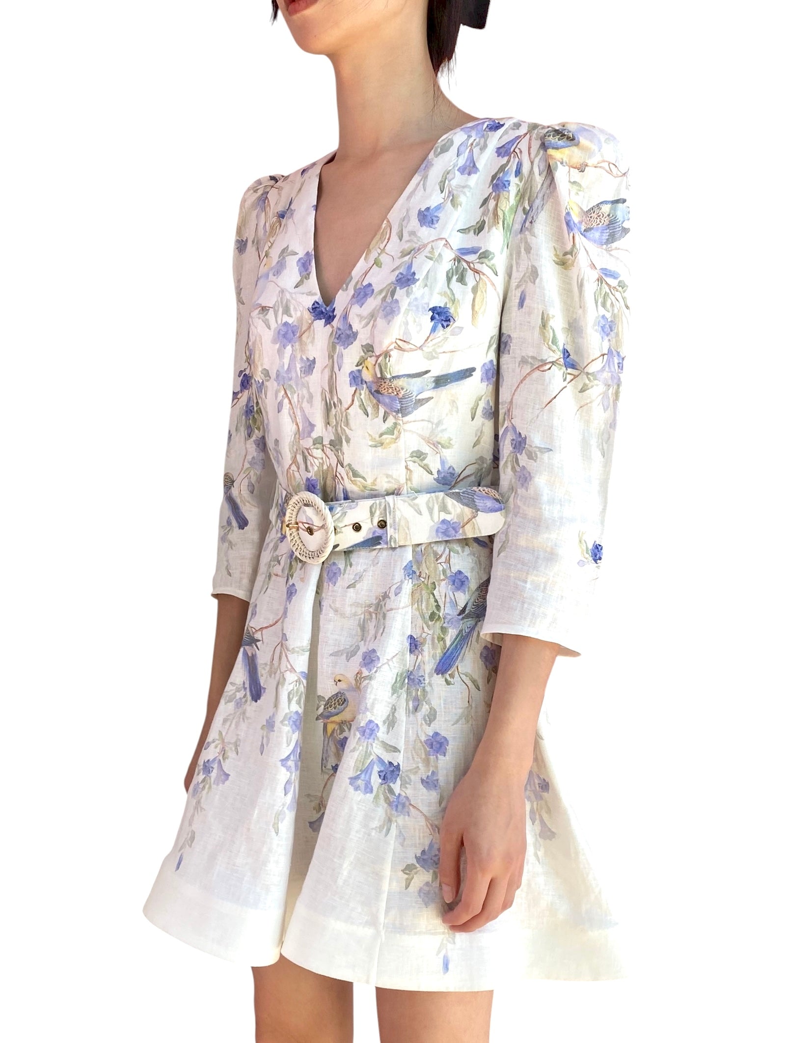 Zimmermann Blue Floral Print Linen Longsleeve Dress - 2 / US 8