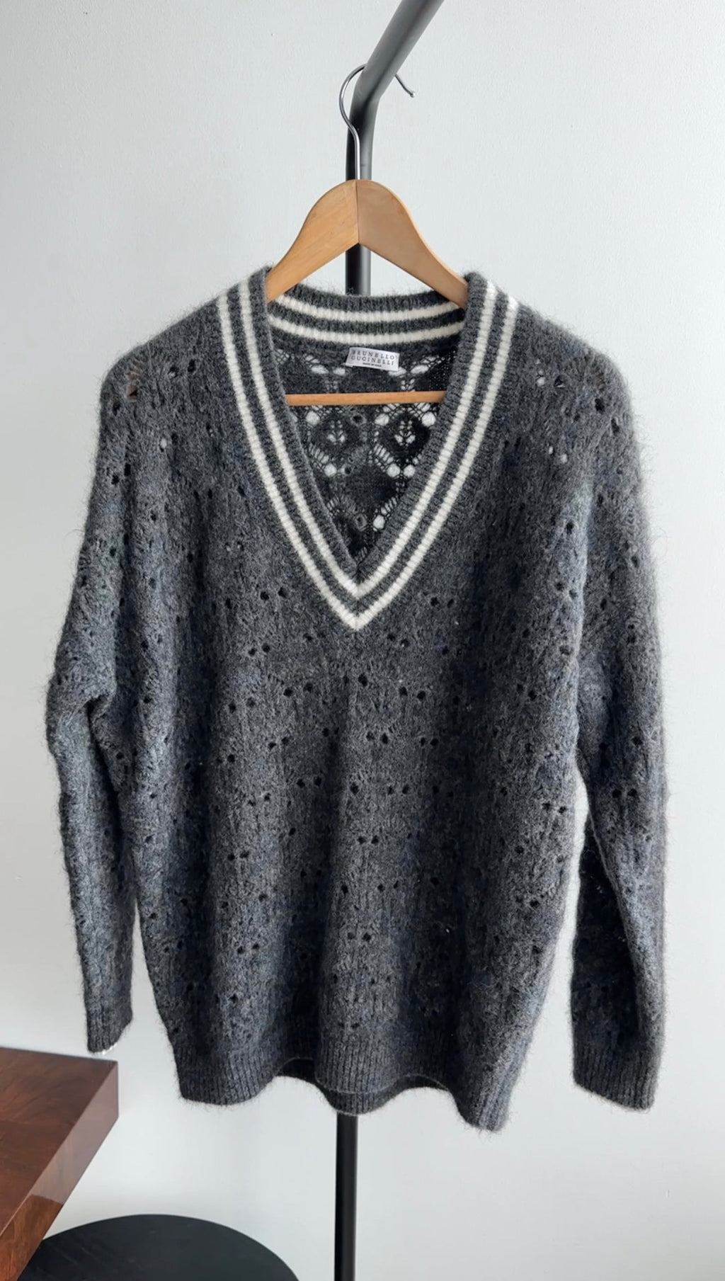 Brunello Cucinelli V Neck Grey Open Knit Mohair Blend Sweater
