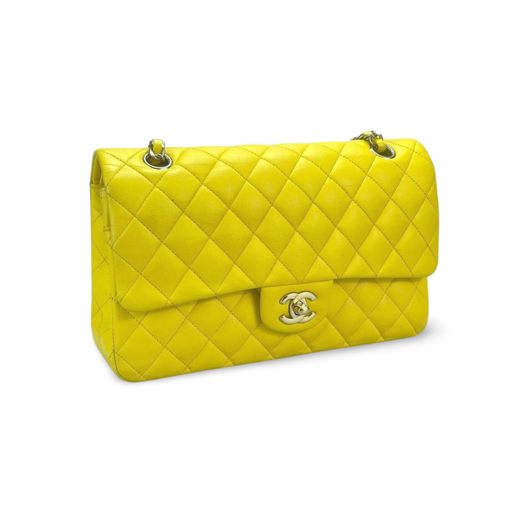 Chanel Yellow Classic Double Flap Bag Medium in Lambskin Leather with Silver Hardware