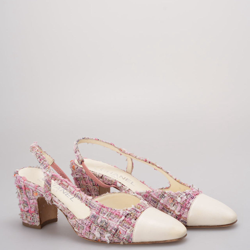 Chanel Pink and White Tweed Slingback Sandals 37.5